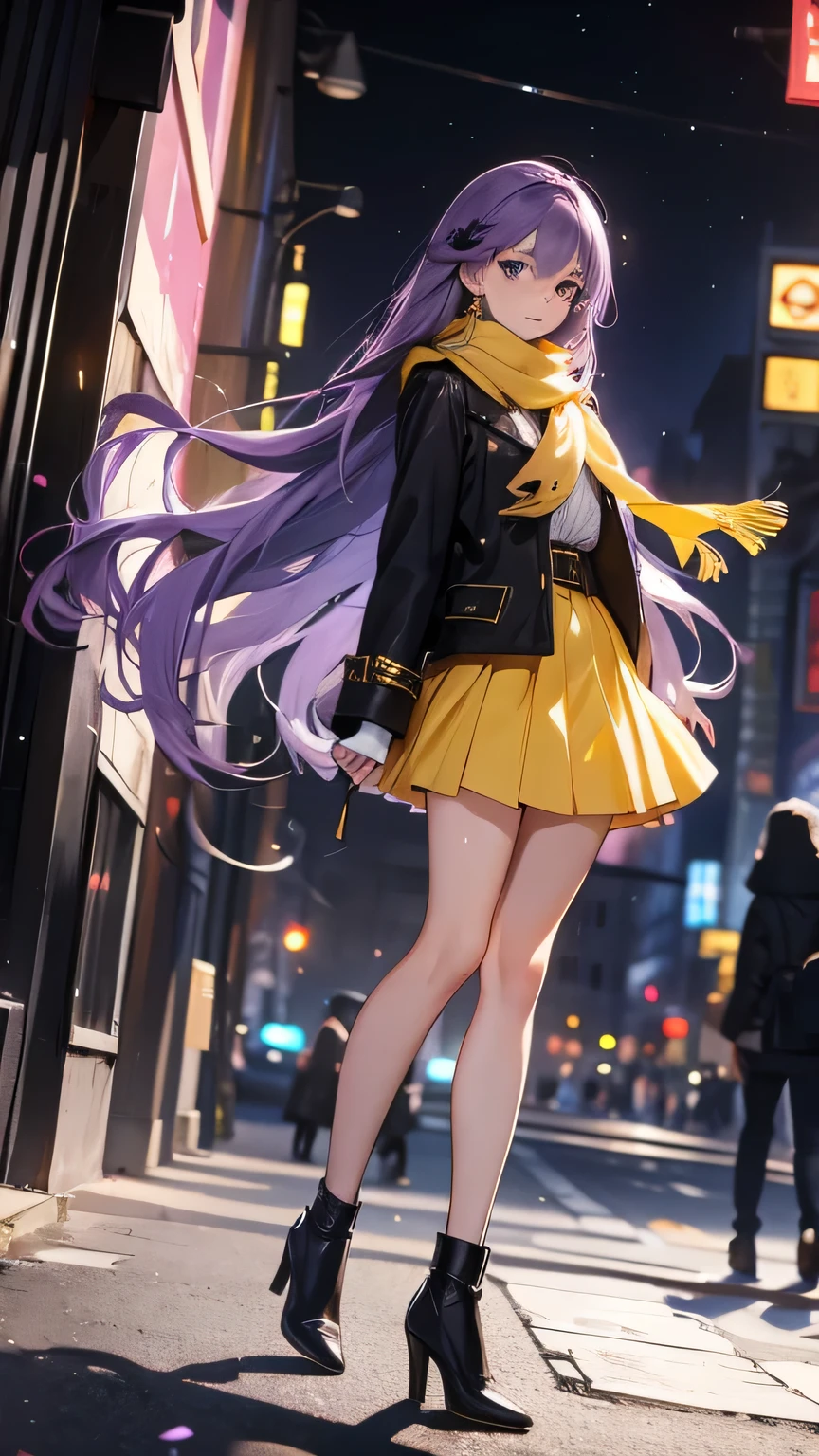 Purple long hair, yellow scarf, short skirt, high heel