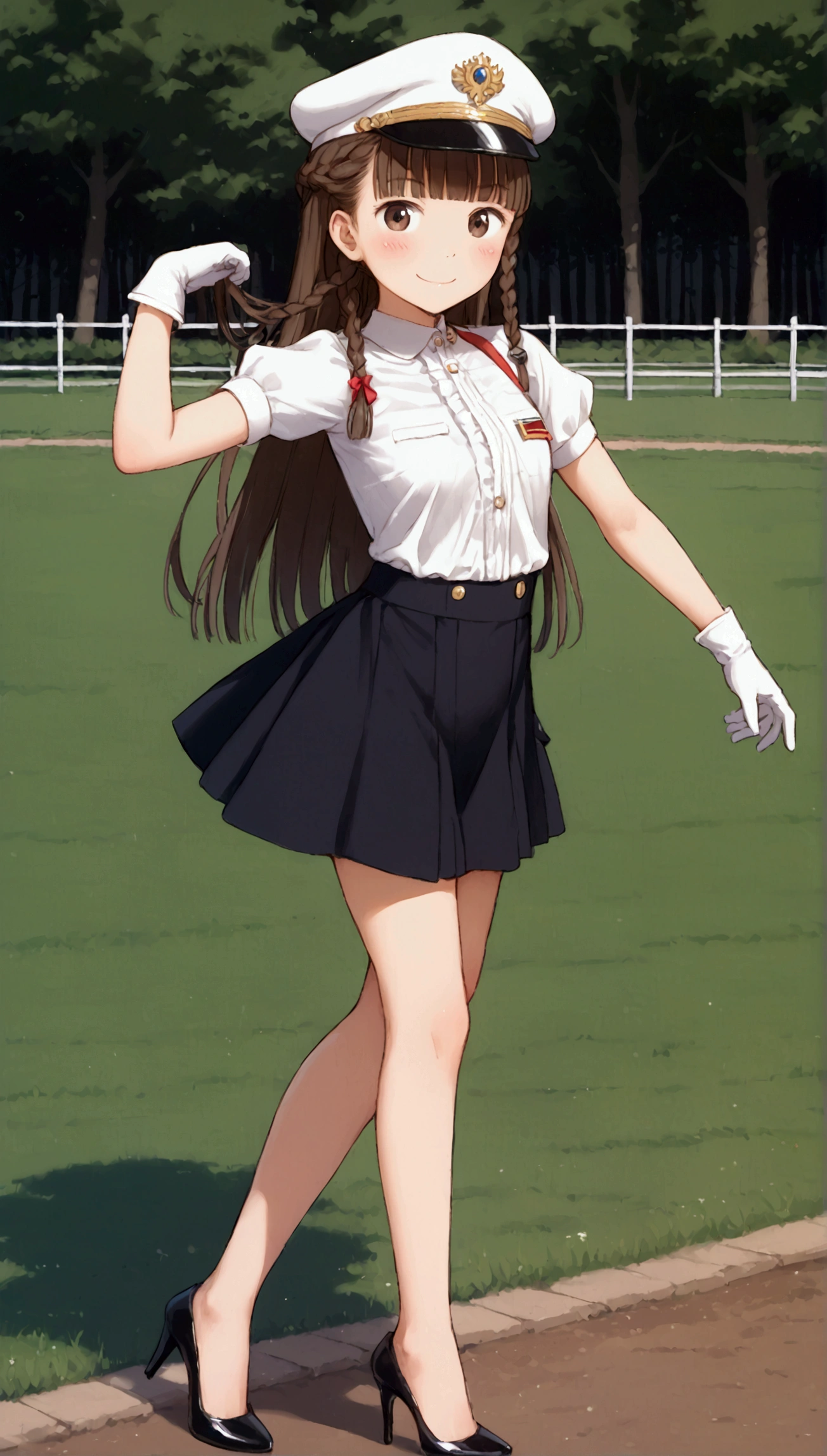 {Highest quality}, {Super beautiful},{Ultra fine},{Best illustration},Brown Hair,Hime cut,long hair,Braid,One woman,Standing Woman,Strike a pose,smile,smilingly,Uniform cap,White Shirt,Short sleeve,Long black skirt,White gloves,at the park,Blushing,Slender,Black stiletto heels,barefoot,from the front,Flip up the skirt