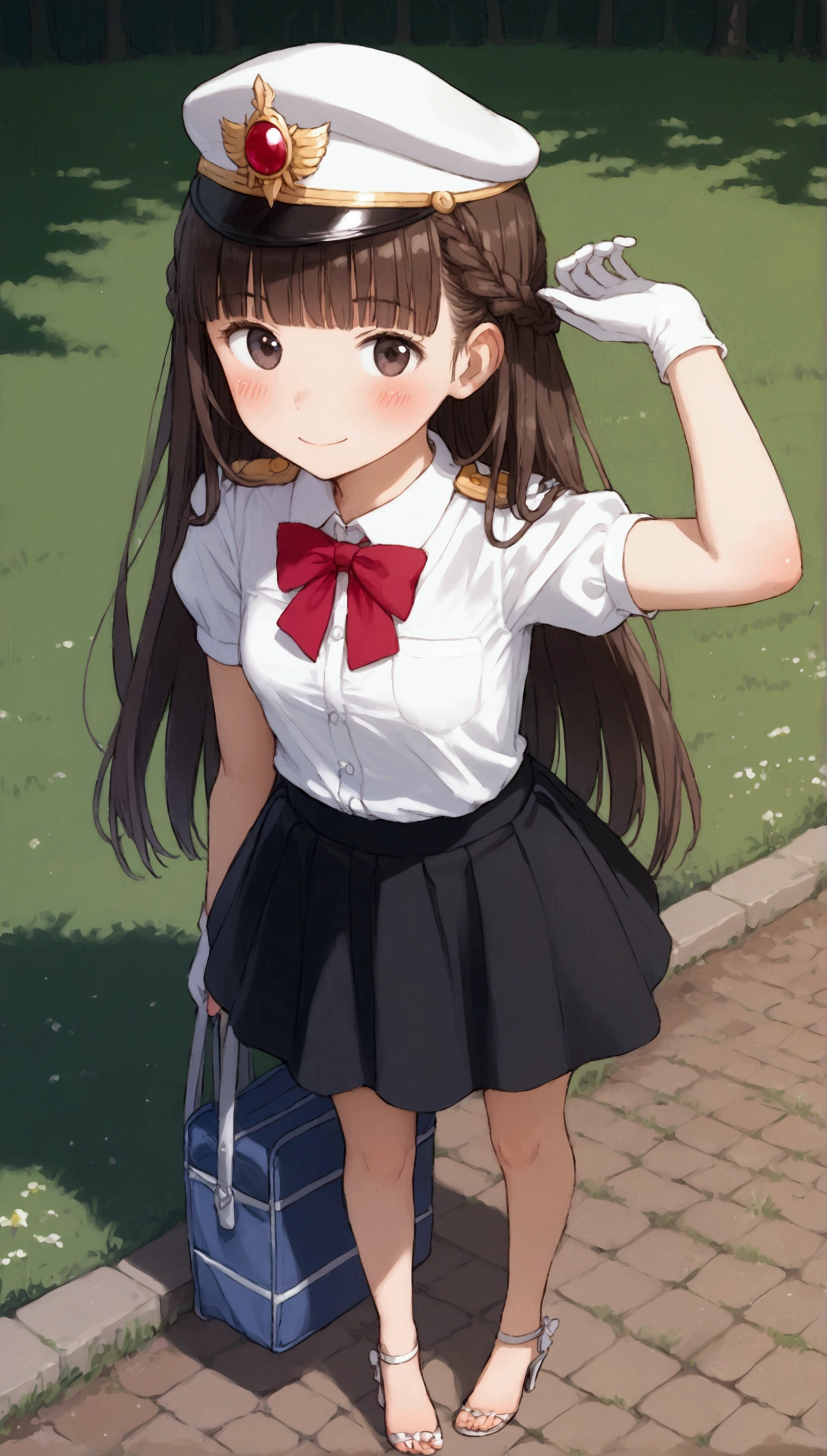 {Highest quality}, {Super beautiful},{Ultra fine},{Best illustration},Brown Hair,Hime cut,long hair,Braid,One woman,Standing Woman,Strike a pose,smile,smilingly,Uniform cap,White Shirt,Short sleeve,Long black skirt,White gloves,at the park,Blushing,Slender,Black stiletto heels,barefoot,from the front,Flip up the skirt