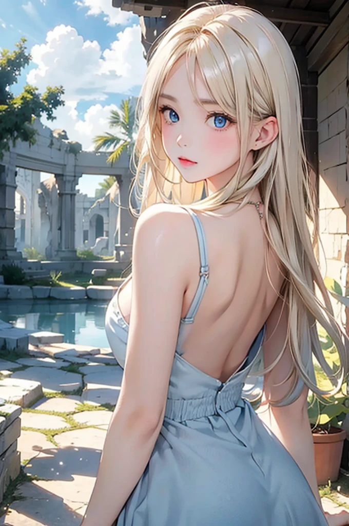 Beautiful white and shining skin、Blonde hair changes color depending on how the light hits it.、Long bangs obstruct the view、Highlights of cheek luster、Sexy, very beautiful, adorable, cute, gorgeous face、The most beautiful face in the world、Super long and gorgeous blonde hair、Smooth straight hair、big, light blue eyes shimmering、Beautiful Bangs、Beautiful and cute girl、look back、small breasts, cleavage, from backside:1.4, background:GB, ruins