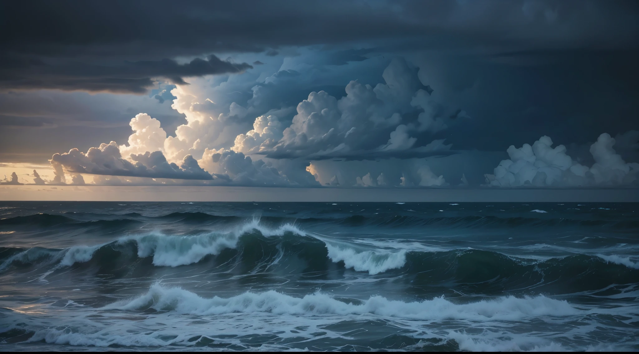 The ocean is rough during a storm. The scene is dark and the clouds are heavy.