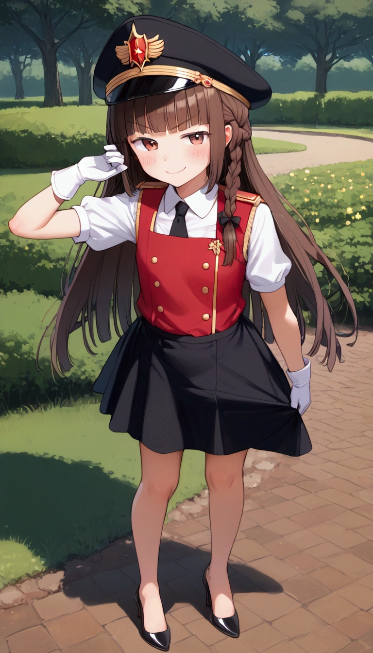 {Highest quality}, {Super beautiful},{Ultra fine},{Best illustration},Brown Hair,Hime cut,long hair,Braid,One woman,Standing Woman,Strike a pose,smug face,Uniform cap,White Shirt,Short sleeve,Long black skirt,White gloves,at the park,Blushing,Slender,Black stiletto heels,barefoot,from the front