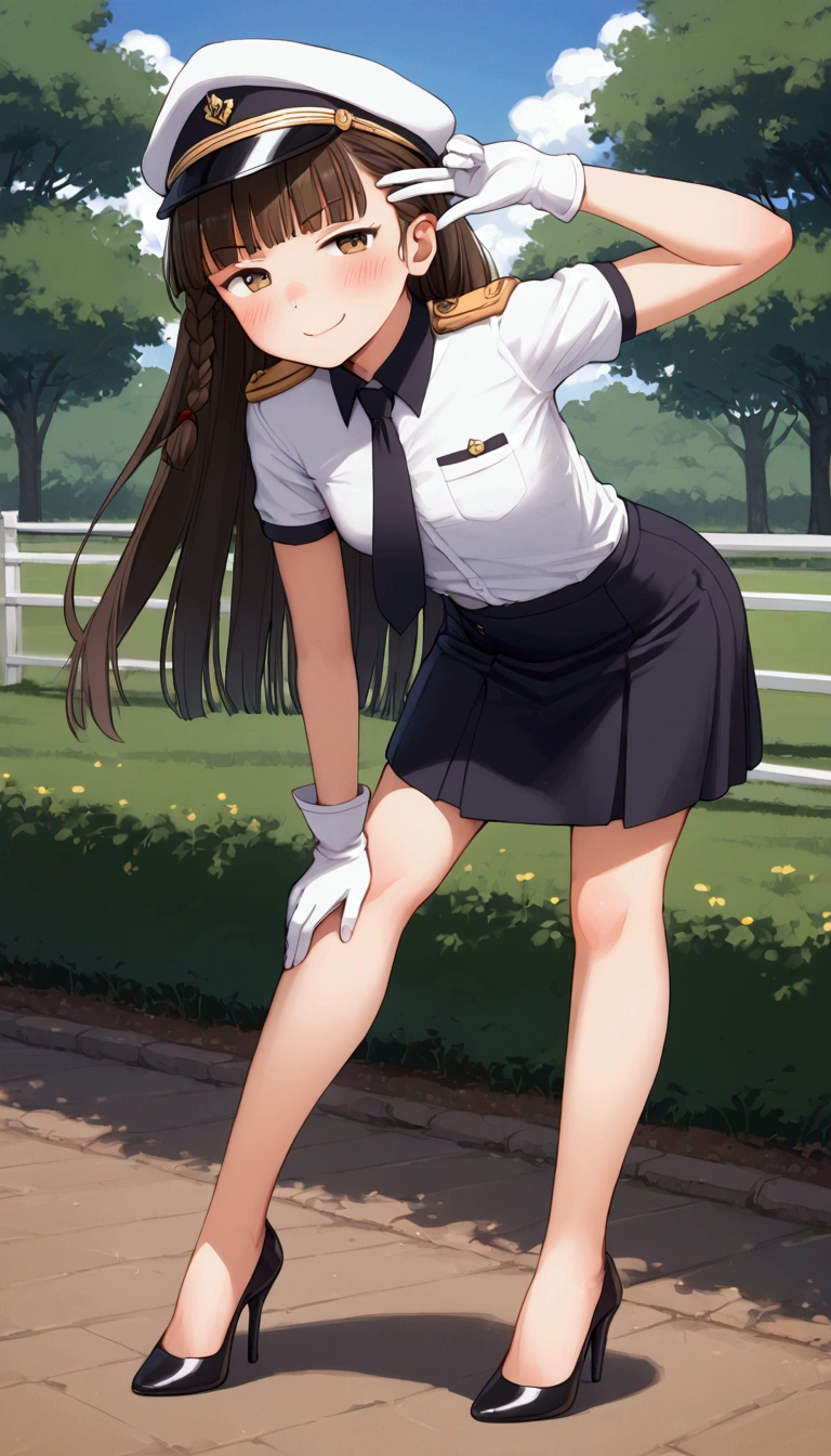 {Highest quality}, {Super beautiful},{Ultra fine},{Best illustration},Brown Hair,Hime cut,long hair,Braid,One woman,Standing Woman,Strike a pose,smug face,Uniform cap,White Shirt,Short sleeve,Long black skirt,White gloves,at the park,Blushing,Slender,Black stiletto heels,barefoot,from the front