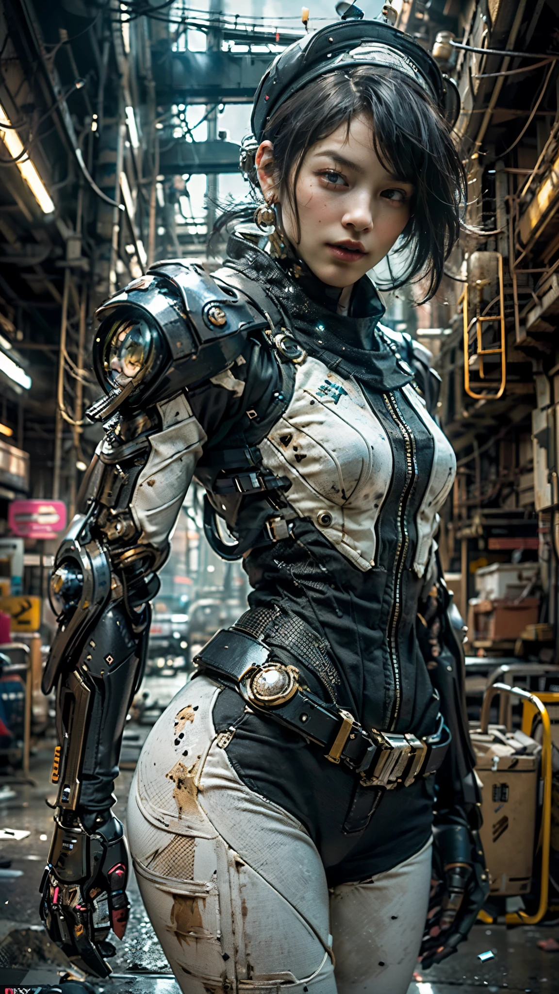 ((best quality)), ((masterpiece)), ((realistic)), (detailed), (photo-realistic:1.5), futuristic girl, (thick body), (white bodysuit), lights on armor, cybernetic headwear, looking at viewer, dynamic pose, post-apocalyptic, destroyed city background, buildings on fire, sci-fi, high resolution, ray tracing, nvidia, super resolution, unreal 5, subsurface scattering, pbr texturing, post processing, anisotropic filtering, depth of field, best sharpness and clarity, rule of thirds, 8k raw, (luminous particles:1.4), (extremely detailed cg, unity 8k wallpaper, 3d, cinematic lighting, lens flare), reflection, sharp focus, cyberpunk art, cyberpunk architecture, moisturized skin, realistic body, (16 years old), (girl), earrings, (cute face), vivid colors, bokeh, stimulating atmosphere, unique encounters, playful interactions, lively crowds, wind blowing, fantastic, dynamic, (fisheye lens), neon, cyberpunk movie, cyberpunk city, fight, war, lightning,
