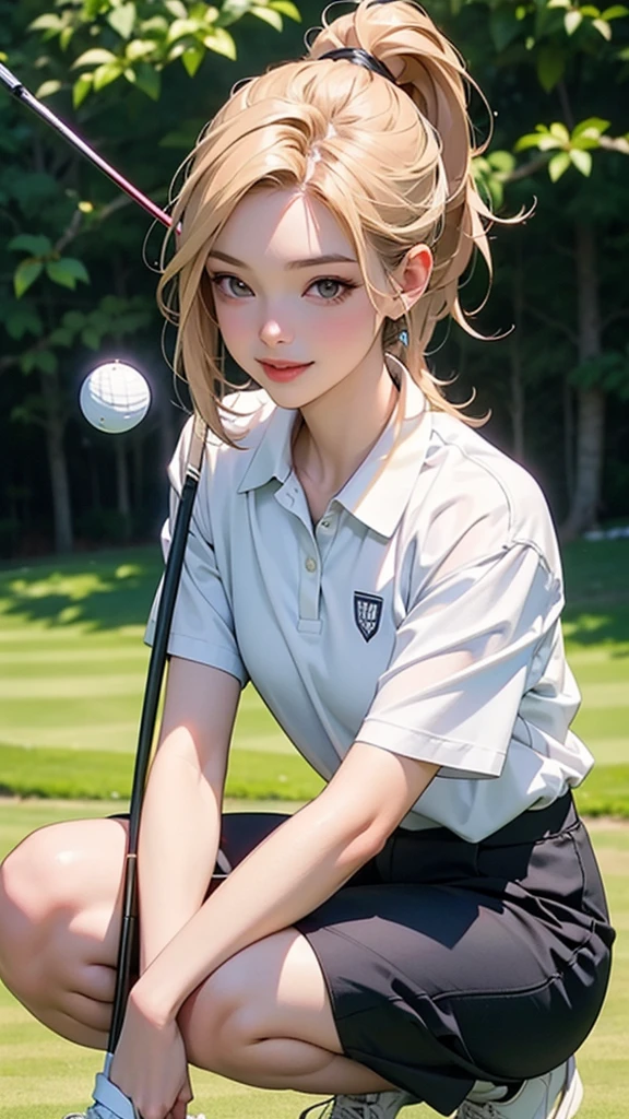 (Top quality, 8k, masterpiece: 1.2, ultra detailed, realistic, photorealistic, very detailed) Detailed illustration in anime style. Young woman with medium length brown and yellow two-tone hair tied in a ponytail. Wearing a white short-sleeved polo shirt and black culottes. Golfer, athletic body type. Bright smile and cheerful expression. Eyes slightly downwards, focused on her work. Crouched on the ground, ((holding a golf club in one hand and a golf ball in the other)). Wearing a white hat with the brand logo visible. Confident and relaxed posture. Overall sporty, energetic look.