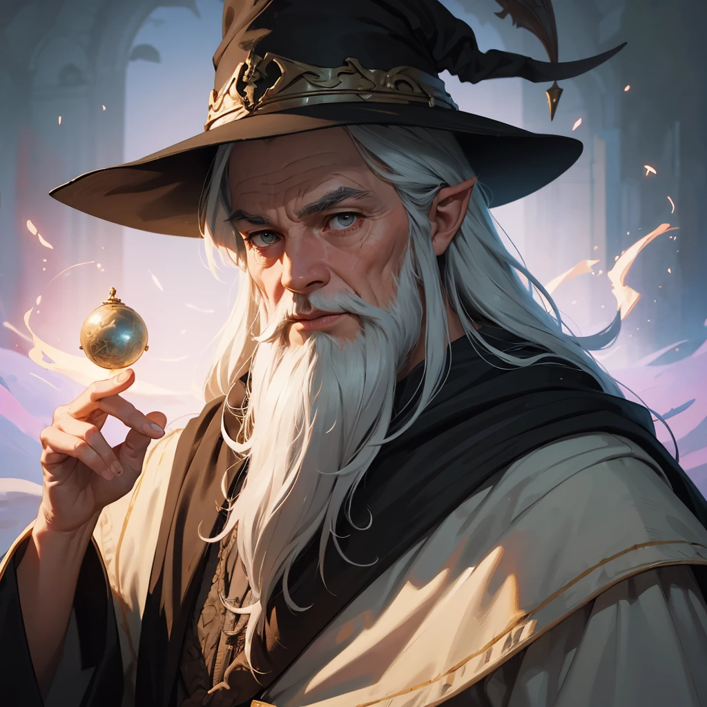 a cartoon wizard with a long beard and a hat, Gandalf-like, red and yellow robes, spell casting, looking at camera, arms open, detailed facial features, intricate textures, vibrant colors, cinematic lighting, digital art, concept art style