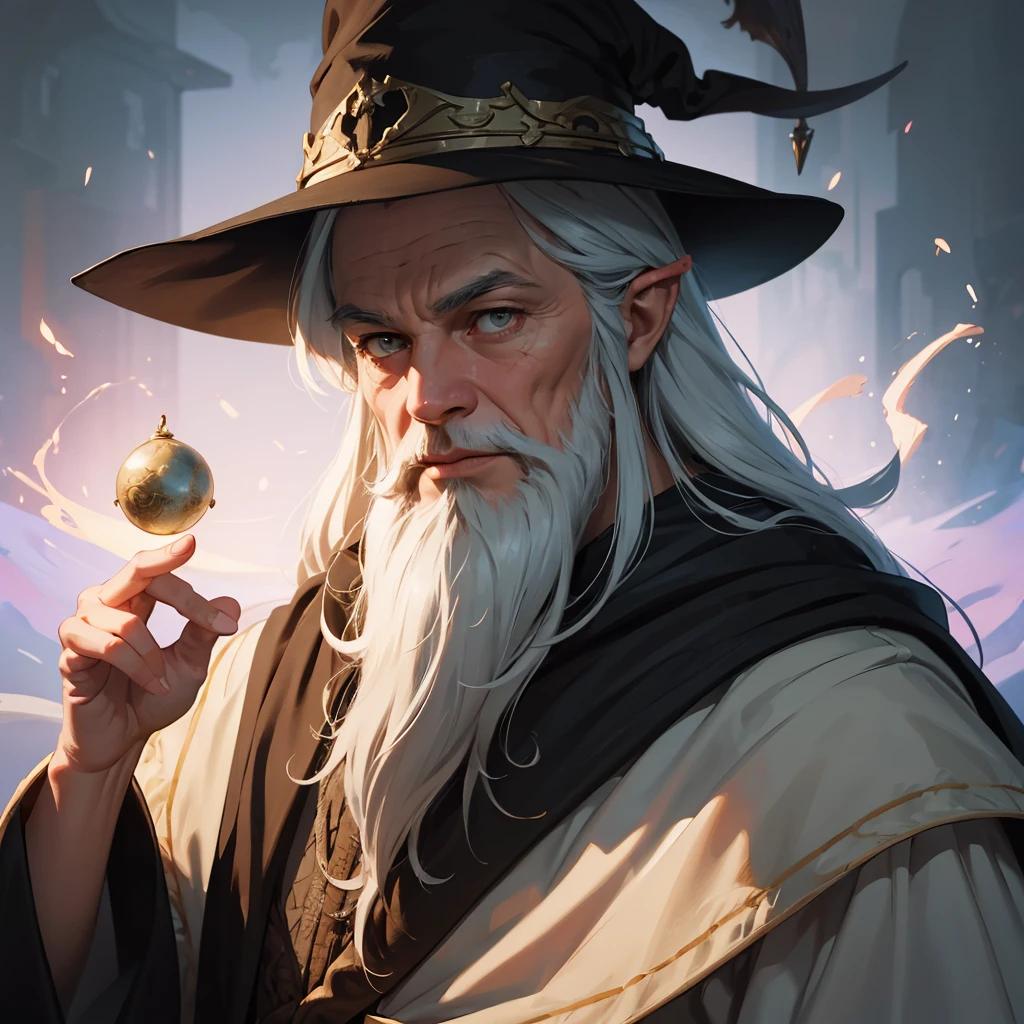 a cartoon wizard with a long beard and a hat, Gandalf-like, red and yellow robes, spell casting, looking at camera, arms open, detailed facial features, intricate textures, vibrant colors, cinematic lighting, digital art, concept art style