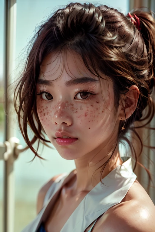 ((portrait:1.3)), a beautiful japanese college girl with some freckles on her face inspired by hamada hideyaki shot by contax g1 with portra 800 film roll, (side view:1.3),