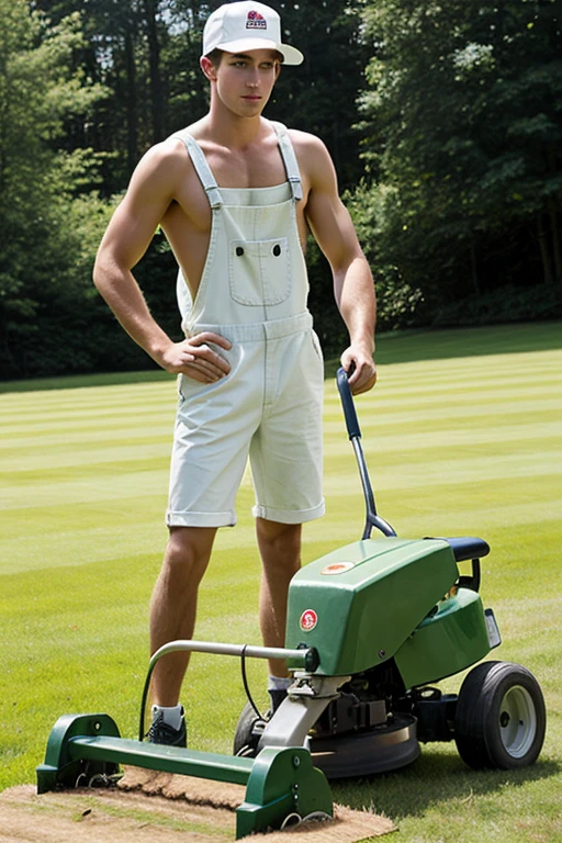 Young handsome cute beautiful white face skinny shirtless naked with short overalls gardener cutting grass on a grass cutting machine hat