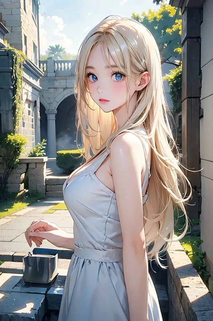 Beautiful white and shining skin、Blonde hair changes color depending on how the light hits it.、Long bangs obstruct the view、Highlights of cheek luster、Sexy, very beautiful, adorable, cute, gorgeous face、The most beautiful face in the world、Super long and gorgeous blonde hair、Smooth straight hair、big, light blue eyes shimmering、Beautiful Bangs、Beautiful and cute old girl、look back、small breasts, cleavage, from backside:1.4, background:GB, ruins