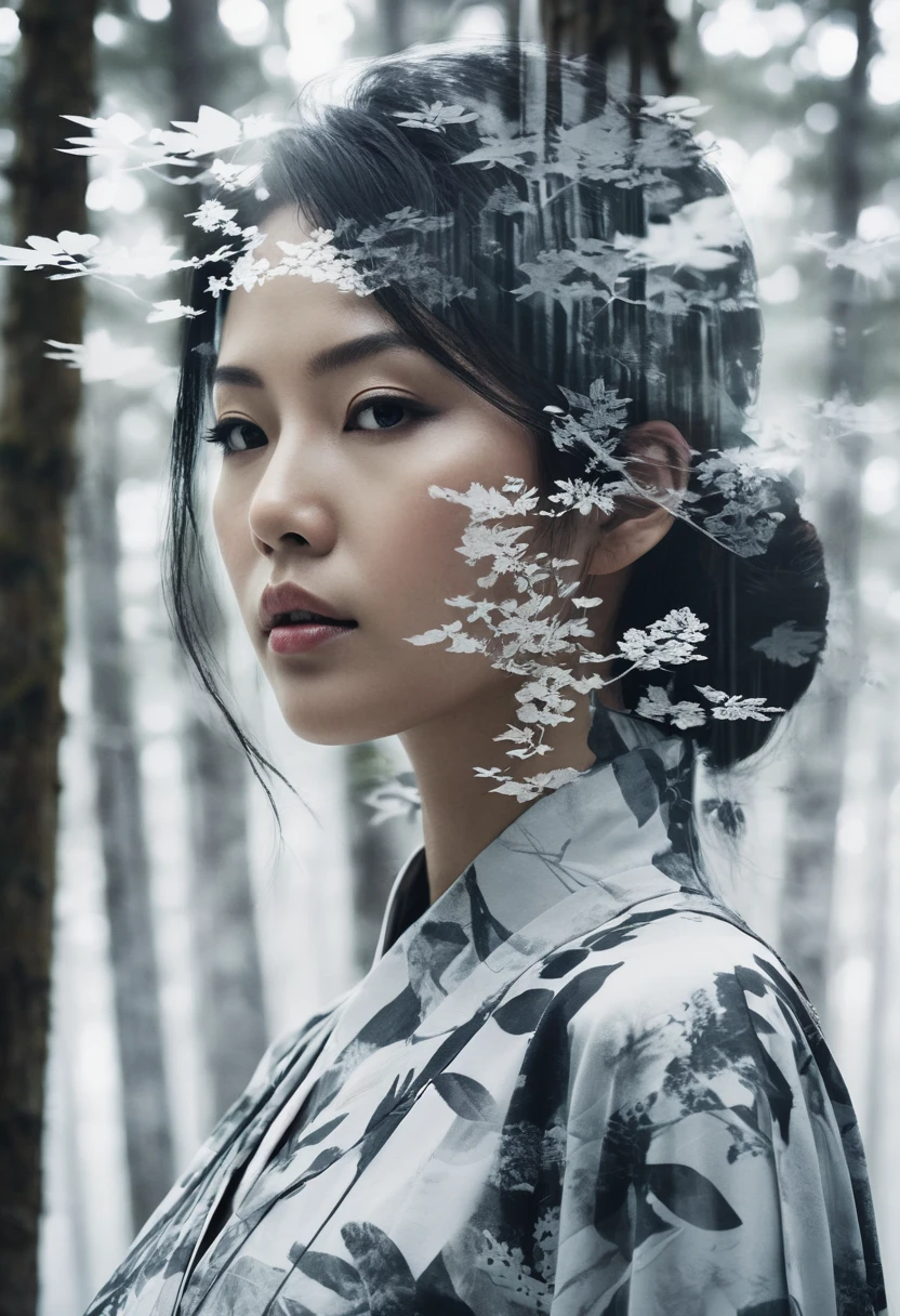 Double exposure, White background, Mysterious silhouette of a Japanese woman in the forest, By Lee Min-jae, Carne Griffith, Emily Kell, Geoffroy Tourens, Aaron Horkey, Jordan Grimmer, Greg Rutkowski, Amazing depth, masterpiece, Surreal, Geometric pattern, Exquisitely crafted, Bokeh, Perfect balance, Deep and thin border, Artistic Photorealism , Smooth, great masterpiece by head of prompt engineering
