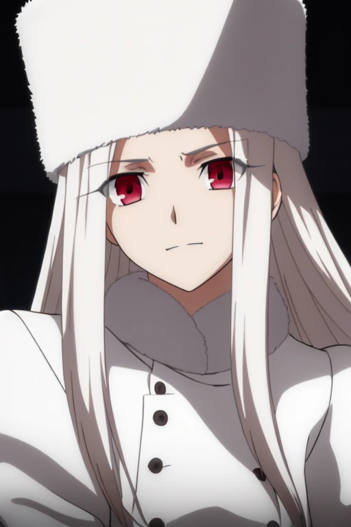 Irisviel Von Einzbern, (large breasts), oversized breasts, long hair, white hair, white fur coat, white fur hat, solo, facing the viewer, looking at the viewer, (extremely angry facial expression), closed mouth, close-up, (simple dark background), blurry background