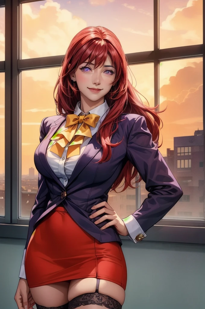 masterpiece, (high quality:1.2), intricate detailed, digital art,
TakashiroHiroko, 1girl, mature female, solo, hand on hip, holding book, cowboy shot,
looking at viewer, smile, blush, (simple hands:0.5)+(detailed hands:0.7)
purple eyes, long hair, red hair, earrings, jewelry, 
teacher, blouse, bowtie, blazer, pencil skirt, thigh highs, garters
curvy, large breasts,
school, floor to ceiling window overlooking a city, sky, sunlight, city, complex background, sunset,
