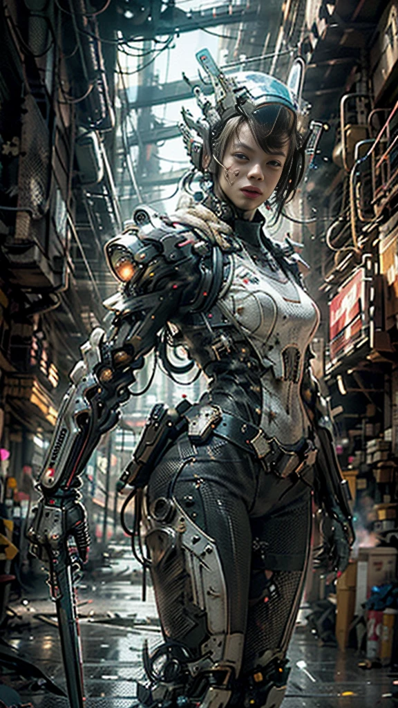 ((best quality)), ((masterpiece)), ((realistic)), (detailed), (photo-realistic:1.5), futuristic girl, (thick body), (white bodysuit), lights on armor, cybernetic headwear, looking at viewer, dynamic pose, post-apocalyptic, destroyed city background, buildings on fire, sci-fi, high resolution, ray tracing, super resolution, subsurface scattering, PBR texturing, post processing, anisotropic filtering, depth of field, best sharpness and clarity, rule of thirds, 8K RAW, (luminous particles:1.4), (extremely detailed cg, unity 8k wallpaper, 3d, cinematic lighting, lens flare), reflection, sharp focus, cyberpunk art, cyberpunk architecture, moisturized skin, realistic body, (), (girl), earrings, (cute face), vivid colors, bokeh, stimulating atmosphere, unique encounters, playful interactions, lively crowds, wind blowing, fantastic, dynamic, (fisheye lens), neon, cyberpunk movie, cyberpunk city, fight, war, lightning,