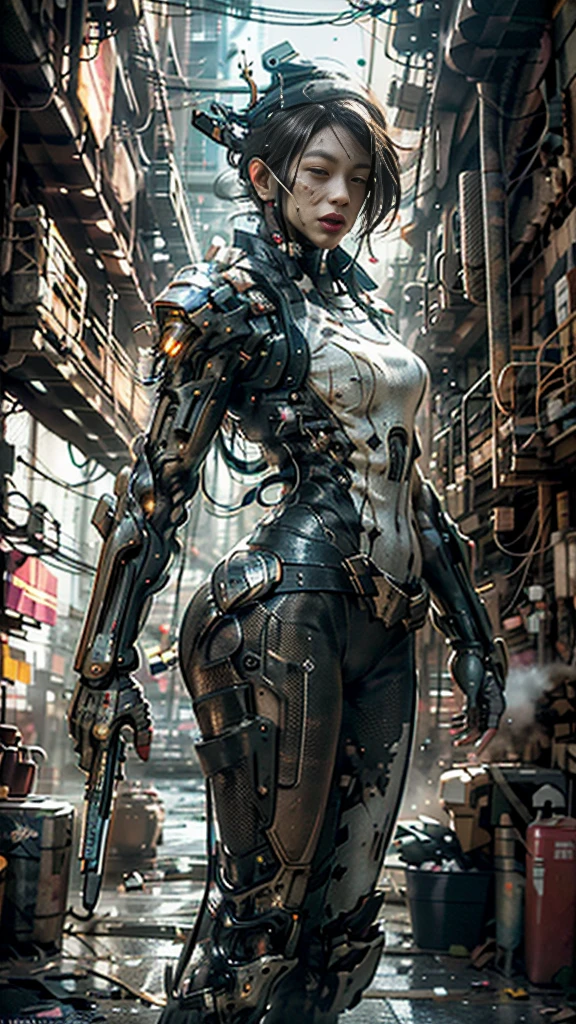 ((best quality)), ((masterpiece)), ((realistic)), (detailed), (photo-realistic:1.5), futuristic girl, (thick body), (white bodysuit), lights on armor, cybernetic headwear, looking at viewer, dynamic pose, post-apocalyptic, destroyed city background, buildings on fire, sci-fi, high resolution, ray tracing, super resolution, subsurface scattering, PBR texturing, post processing, anisotropic filtering, depth of field, best sharpness and clarity, rule of thirds, 8K RAW, (luminous particles:1.4), (extremely detailed cg, unity 8k wallpaper, 3d, cinematic lighting, lens flare), reflection, sharp focus, cyberpunk art, cyberpunk architecture, moisturized skin, realistic body, (), (girl), earrings, (cute face), vivid colors, bokeh, stimulating atmosphere, unique encounters, playful interactions, lively crowds, wind blowing, fantastic, dynamic, (fisheye lens), neon, cyberpunk movie, cyberpunk city, fight, war, lightning,