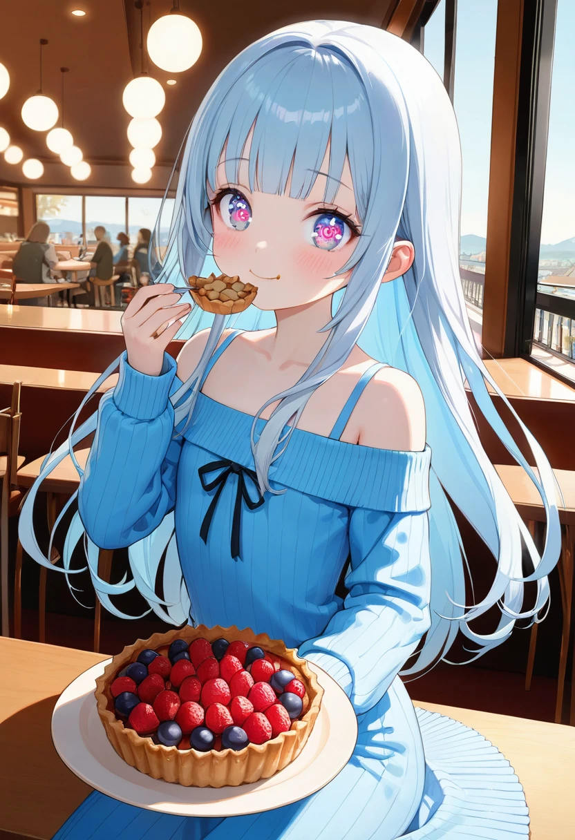 masterpiece, best quality, extremely detailed, (illustration, official art:1.1), 1 girl ,(((( light blue long hair)))), ,(((( light blue long hair)))),light blue hair , , long hair ((blush)) , cute face, big eyes, masterpiece, best quality,(((((a very delicate and beautiful girl))))),Amazing,beautiful detailed eyes,blunt bangs(((( little delicate girl)))),tareme(true beautiful:1.2), sense of depth,dynamic angle,,,, affectionate smile, (true beautiful:1.2),,(tiny 1girl model:1.2),)(flat chest) ,masterpiece, absurdres, best quality, ultra detailed, high Resolution, detailed illustration, extremely beautiful detailed face and eyes, bright colour, 1girl, (), cute face, Delicate beautiful face, magenta eyes, cute eyes, sparkling eyes, big eyes,white skin, smile, BREAK,BREAK off shoulder sweater, long skirt, tiny ribbon, restaurant, (((eating Nut tart, )))almond, real world, natural lights, perfect lighting,
