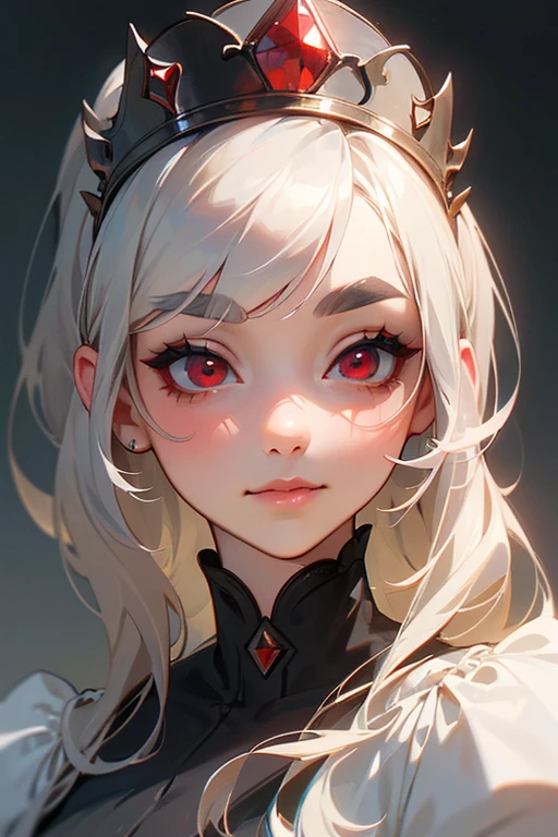 (Highest quality, masterpiece:1.2), High resolution, 最高masterpiece、Very detailed, Realistic:1.37, Fantasy, An illustration,Gray Hair、 Red eyes、Queen, dress、beautifully、Eyeshadow Red、Thick eyebrows、Long eyelashes、pupils are black、shiny on the lips、Top Sites、Queen、Princess、A kind smile、Soft impression、Be loved by people、Slimming the face、Shoulder Bare、ponytail、Kissing Face、Long white hair、Shaggy Bangs、(Save face image).Cinderella Castle、(alone).((目を閉じてKissing Face)).((solo)).