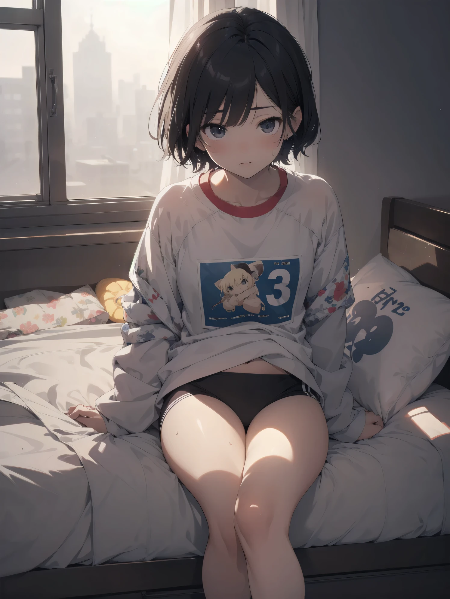 ultra-absurdres-Top quality by artist God, ultra-detailed, high resolution, anime moe artstyle, best anime 8k konachan wallpaper, pixiv contest winner, pool:2810, perfect anatomy,break, 1girl, (Please draw a girl sitting sleepily on bed. )break,(Solo,little female, -yeld:1.Full limbs, complete fingers,a junior hihort hair), short cut, Soft flat chest,groin, small butt, small black eyes, beautiful detailed eyes, well-proportioned iris and pupils, expressive eyes, highres detailed hair, sweat, soft expression, gym uniform, gym shorts, Soft thighs,(Detailed Lighting), (Detailed background), in the bedroom. break,super detailed skin, shiny skin, Best sexuall lighting powered by famous artist, 8k,beauty illustration,photoshop_(medium),very aesthetic,break,((artist:fujima_takuya )), artist:clamp ,artist:carnelian ,artist:kantoku ,