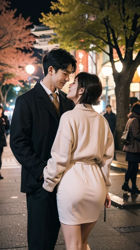 A couple is romantic in the streets of Japan. The couple is wearing short clothes. This girl has a big buttocks. It's evening, winter, under the cherry tree.