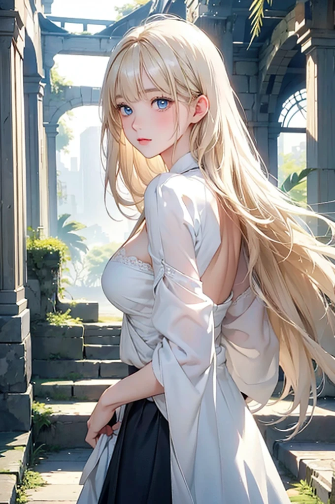 Beautiful white and shining skin、Blonde hair changes color depending on how the light hits it.、Long bangs obstruct the view、Highlights of cheek luster、Sexy, very beautiful, adorable, cute, gorgeous face、The most beautiful face in the world、Super long and gorgeous blonde hair、Smooth straight hair、big, light blue eyes shimmering、Beautiful Bangs、Beautiful and cute 16 year old girl、look back、small breasts, cleavage, from backside:1.4, background:GB, ruins