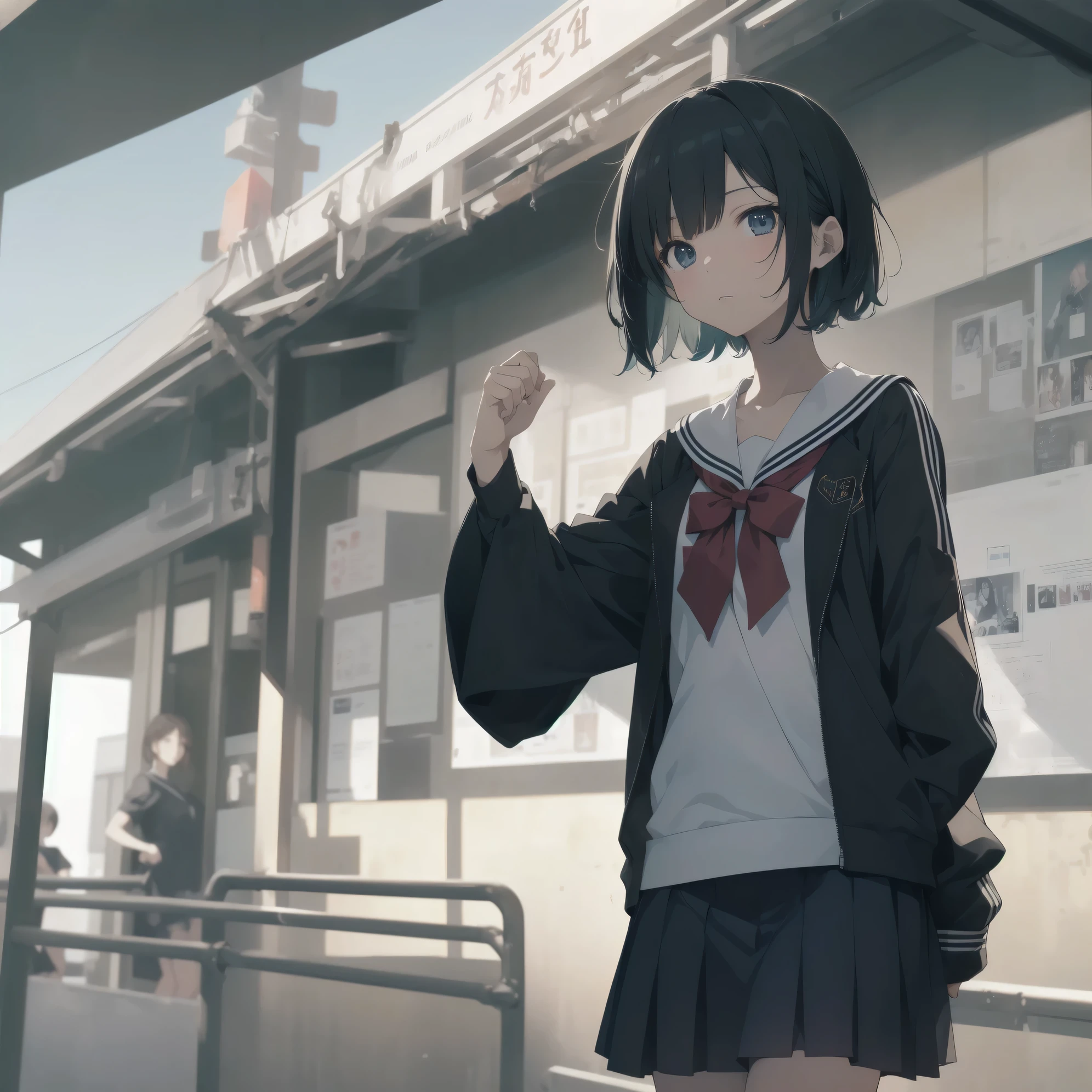 ultra-absurdres-Top quality by artist God, ultra-detailed, high resolution, anime moe artstyle, best anime 8k konachan wallpaper, pixiv contest winner, pool:2810, perfect anatomy,break, 1girl, (Please draw a girl walking sleepily to school alone. )break,(Solo,little female, 13-year-old:1.3),Full limbs, complete fingers,a junior high school student, (very short hair), short cut, flat chest, , small butt, small black eyes, beautiful detailed eyes, well-proportioned iris and pupils, expressive eyes, highres detailed hair, soft expression, salor school_uniform, sailor collar, serahuku, bow, pleated skirt,(Detailed Lighting), (Detailed background), in the School commute route. break,super detailed skin, Best cinematic lighting powered by famous artist, 8k,beauty illustration,photoshop_(medium),very aesthetic,break,((artist:fujima_takuya )), artist:clamp ,artist:carnelian ,artist:kantoku ,