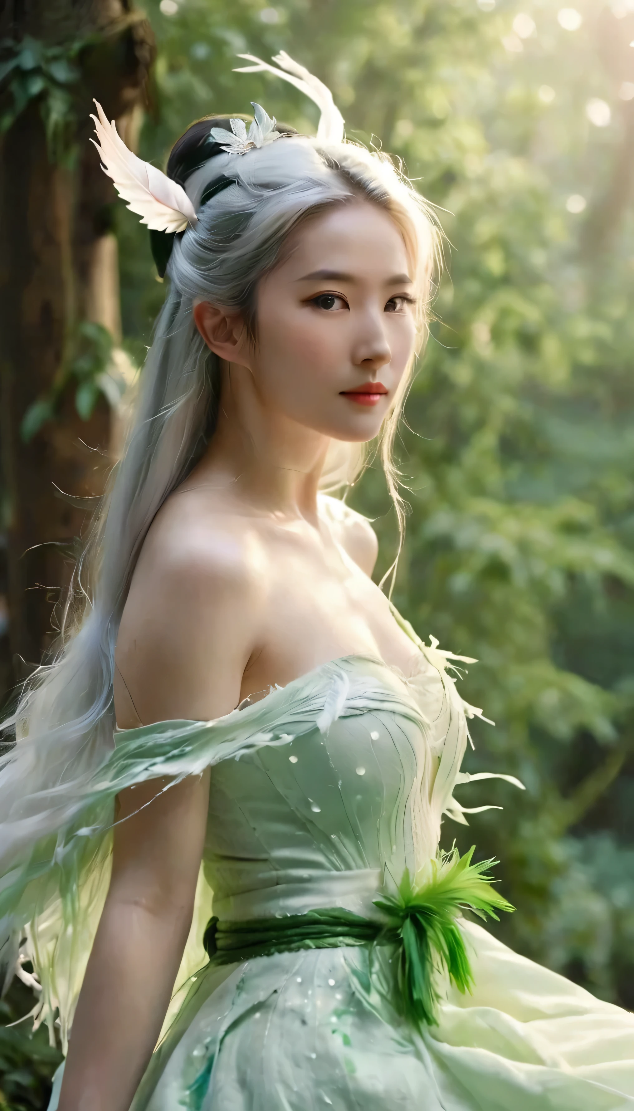 In a deep forest,The sun shines through the leaves onto the ground,Create a mysterious and peaceful atmosphere。In the middle of this quiet natural background,A noble and elegant female elf appeared。 She has long silver hair.,Each strand of hair sways gently in the breeze like a fine silver thread.。Her skin is as white as snow,Glowing,It was as if the first rays of spring morning sunshine were shining on her,Add a layer of mysterious and warm glow to her。 The elf woman is wearing a light green dress decorated with tassels,The skirt flutters gently with her graceful steps。A cape woven from blue and green feathers draped over her shoulders,Each feather emits a subtle glow,It was as if the dew in the morning forest sparkled around her。 She raised her hand gracefully,A dreamy flower composed of tiny light spots and petals is suspended in the hand.,The flowers emit a faint but intoxicating glow,As if it is a symbol of her mysterious power。At her feet,A small and smart white elf rabbit jumps happily,Accompany her,Adds a lively and happy atmosphere。