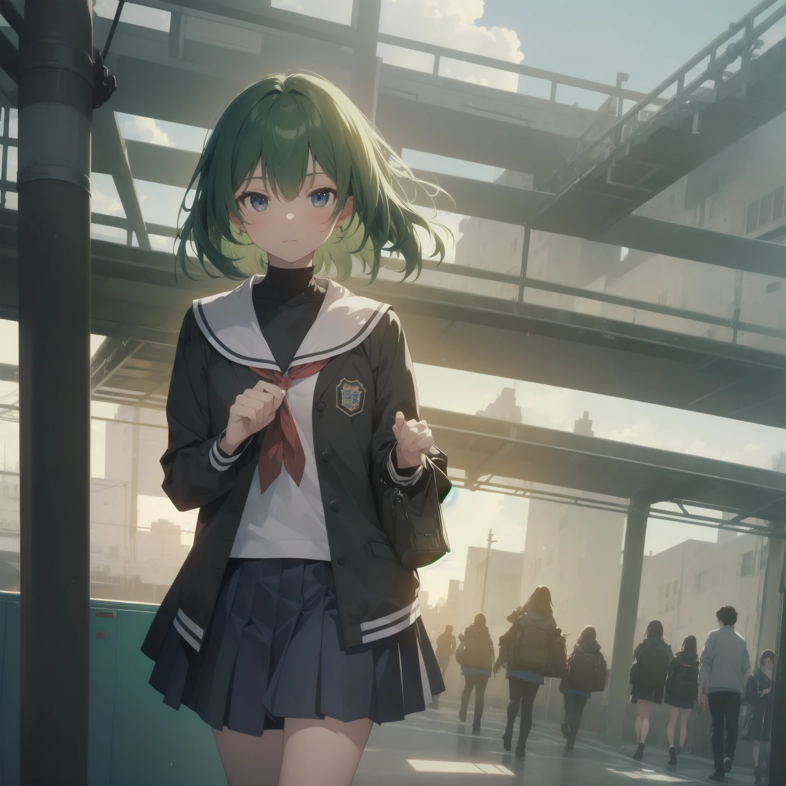 ultra-absurdres-Top quality by artist God, ultra-detailed, high resolution, anime moe artstyle, best anime 8k konachan wallpaper, pixiv contest winner, pool:2810, perfect anatomy,break, 1girl, (Please draw a girl walking sleepily to school alone. )break,(Solo,little female, 13-year-old:1.3),Full limbs, complete fingers,a junior high school student, (very short hair), short cut, flat chest, , small butt, small black eyes, beautiful detailed eyes, well-proportioned iris and pupils, expressive eyes, highres detailed hair, soft expression, salor school_uniform, sailor collar, serahuku, bow, pleated skirt,(Detailed Lighting), (Detailed background), in the School commute route. break,super detailed skin, Best cinematic lighting powered by famous artist, 8k,beauty illustration,photoshop_(medium),very aesthetic,break,((artist:fujima_takuya )), artist:clamp ,artist:carnelian ,artist:kantoku ,