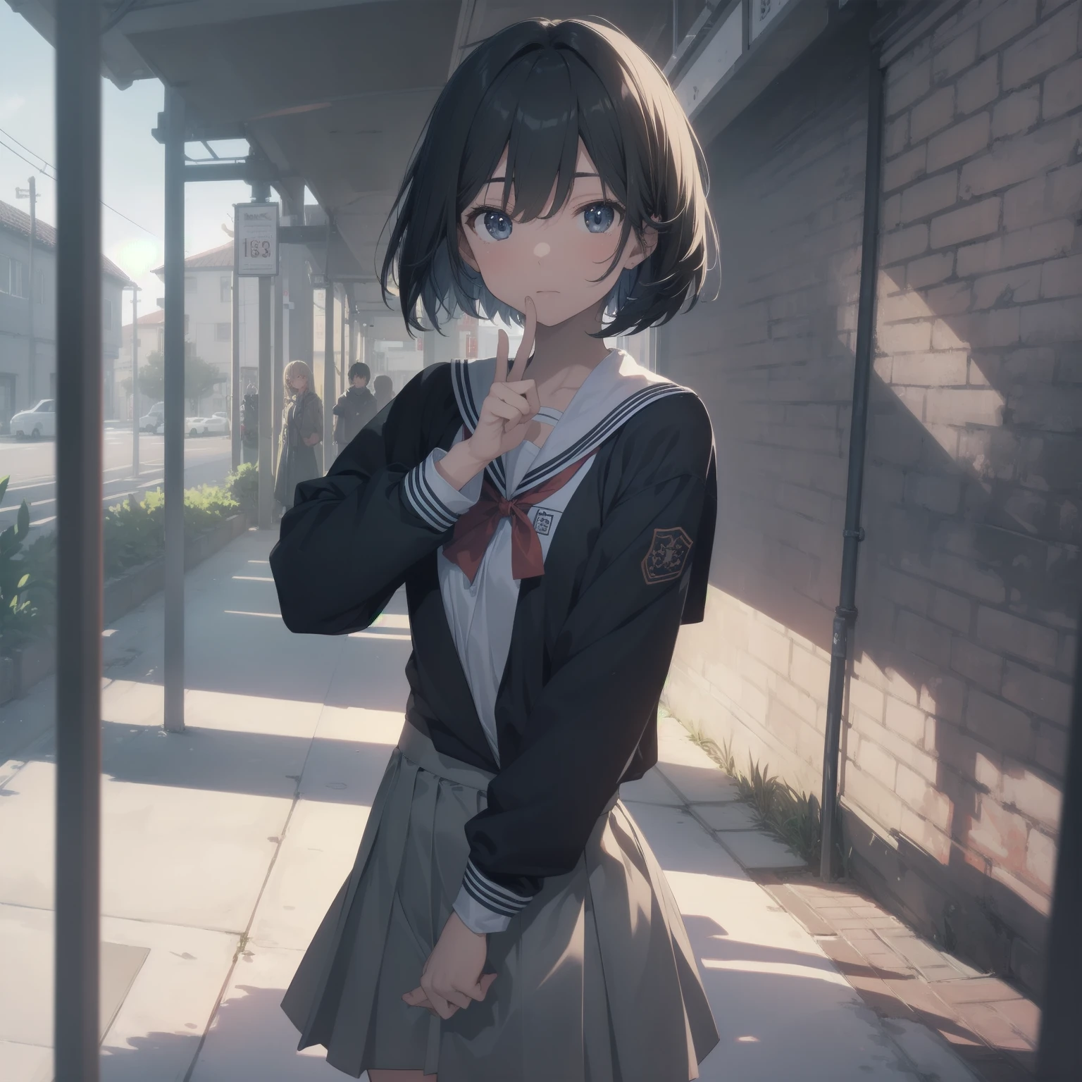 ultra-absurdres-Top quality by artist God, ultra-detailed, high resolution, anime moe artstyle, best anime 8k konachan wallpaper, pixiv contest winner, pool:2810, perfect anatomy,break, 1girl, (Please draw a girl walking sleepily to school alone. )break,(Solo,little female, 13-year-old:1.3),Full limbs, complete fingers,a junior high school student, (very short hair), short cut, flat chest, , small butt, small black eyes, beautiful detailed eyes, well-proportioned iris and pupils, expressive eyes, highres detailed hair, soft expression, salor school_uniform, sailor collar, serahuku, bow, pleated skirt,(Detailed Lighting), (Detailed background), in the School commute route. break,super detailed skin, Best cinematic lighting powered by famous artist, 8k,beauty illustration,photoshop_(medium),very aesthetic,break,((artist:fujima_takuya )), artist:clamp ,artist:carnelian ,artist:kantoku ,