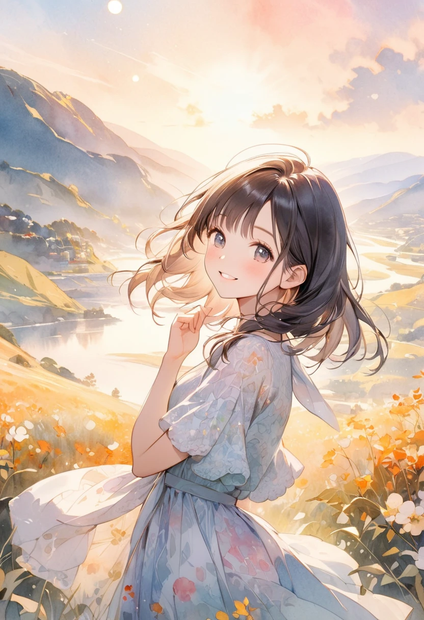 (young girl) with a beautifully radiant smile, posing with her left hand up towards the sky. Her face should convey a sense of wonder and optimism, The background should be a soft, (((dreamy watercolor-style landscape))), (((reminiscent of a famous watercolor artist's masterpiece))). aesthetic should be ultra-detailed, with textured fabrics, subtle shading, and intricate patterns,

