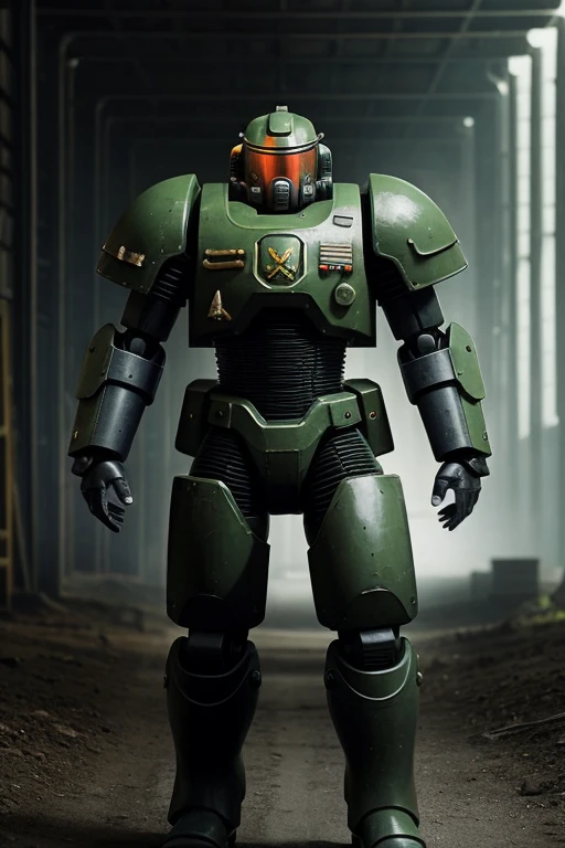 I want you to create a hunting robot, in human form, totally metal, a respirator in the mouth with wires hanging over it, green color, que aspecto sea parecido also a la de un militar, parecido a un death korp de krieg pero that is not a human,  I totally call a robot, with a futuristic and advanced hunting rifle, I want you to make it look realistic, also, I want you to cover those exposed black parts, they are completely covered by the shell., that is not a human, I want the cables to be covered at the bottom, solo deja expuestos a los de arrriba y que sea de green color, dark, that your body, has the appearance of a space marine&#39;s armor, pero que no sea un space marine y combinada con los brazos y piernas de una armadura de un spartan y that is not a human, but with a purely technological aspect, with energy pouring from his body, I want those things that are seen



