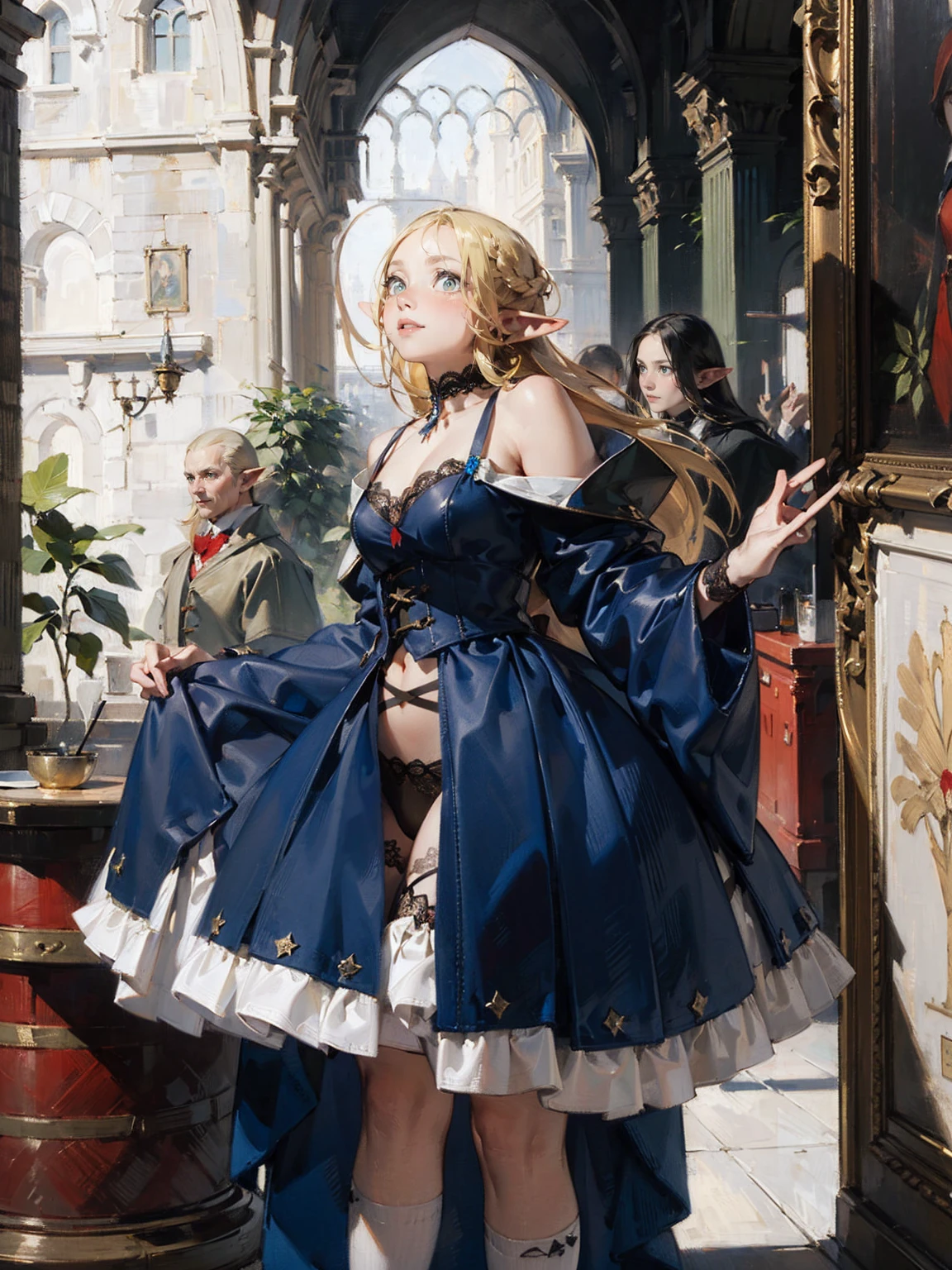 Gothic fashion woman,(masterpiece, Highest quality) detailed,Silver Accessories , blonde ,Pointy Ears ,Lace Underwear,Double Tail,Waist-length hair,smile,White lace socks,Rococo、Gorgeous dress