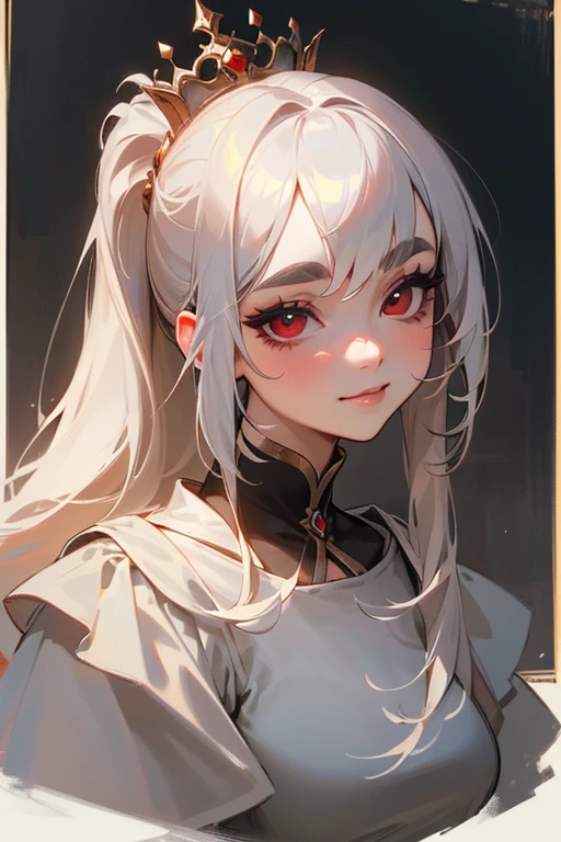 (Highest quality, masterpiece:1.2), High resolution, 最高masterpiece、Very detailed, Realistic:1.37, Fantasy, An illustration,Gray Hair、 Red eyes、Queen, dress、beautifully、Eyeshadow Red、Thick eyebrows、Long eyelashes、pupils are black、shiny on the lips、Top Sites、Queen、Princess、A kind smile、Soft impression、Be loved by people、Slimming the face、Shoulder Bare、ponytail、Kissing Face、Long white hair、Shaggy Bangs、(Save face image).Cinderella Castle、(alone).((目を閉じてKissing Face)).((solo)).