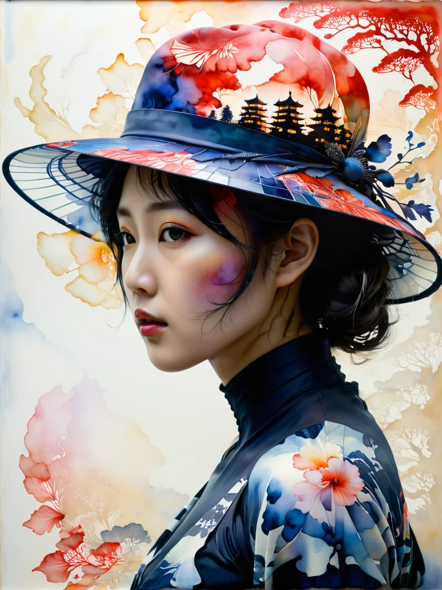 Mysterious silhouette of a Japanese woman wearing a hat, 　Watercolor Art by Lee Min-jae, Carne Griffith, Emily Kell, Steve McCurry, Geoffroy Tourens, Aaron Horkey, Jordan Grimmer, Greg Rutkowski, Amazing depth, Double exposure, Surreal, Geometric pattern, Exquisitely crafted, Bokeh,  Perfect balance, Deep and thin border, Artistic Photorealism , Smooth,  A brilliant masterpiece from the man responsible for Prompto Engineering Hyperclassicalism  