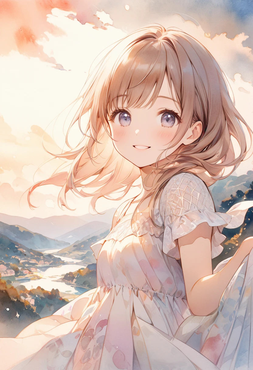 (young girl) with a beautifully radiant smile, posing with her left hand up towards the sky. Her face should convey a sense of wonder and optimism, The background should be a soft, (((dreamy watercolor-style landscape))), (((reminiscent of a famous watercolor artist's masterpiece))). aesthetic should be ultra-detailed, with textured fabrics, subtle shading, and intricate patterns,
