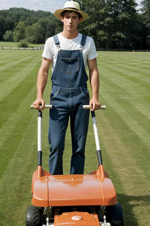 Young handsome cute beautiful white face skinny shirtless naked with short overalls gardener cutting grass on a grass cutting machine hat