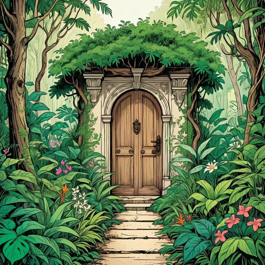 (poster composition,fine lineart, graphic novel style:1.35), ((closeup headshot:1.2)) of a secret garden with a wooden door, ((trees)), ((flowers)), ((jungle, trees:1.3)), cinematic, detailed, flat colors, inked lineart, paper grain