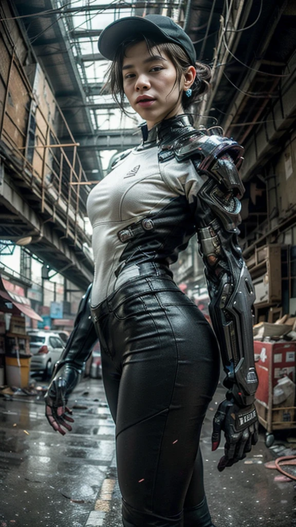 ((best quality)), ((masterpiece)), ((realistic)), (detailed), (photo-realistic:1.5), futuristic girl, (thick body), (white bodysuit), lights on armor, cybernetic headwear, looking at viewer, dynamic pose, post-apocalyptic, destroyed city background, buildings on fire, sci-fi, high resolution, ray tracing, super resolution, subsurface scattering, PBR texturing, post processing, anisotropic filtering, depth of field, best sharpness and clarity, rule of thirds, 8K RAW, (luminous particles:1.4), (extremely detailed cg, unity 8k wallpaper, 3d, cinematic lighting, lens flare), reflection, sharp focus, cyberpunk art, cyberpunk architecture, moisturized skin, realistic body, (16 years old), (girl), earrings, (cute face), vivid colors, bokeh, stimulating atmosphere, unique encounters, playful interactions, lively crowds, wind blowing, fantastic, dynamic, (fisheye lens), neon, cyberpunk movie, cyberpunk city, fight, war, lightning,