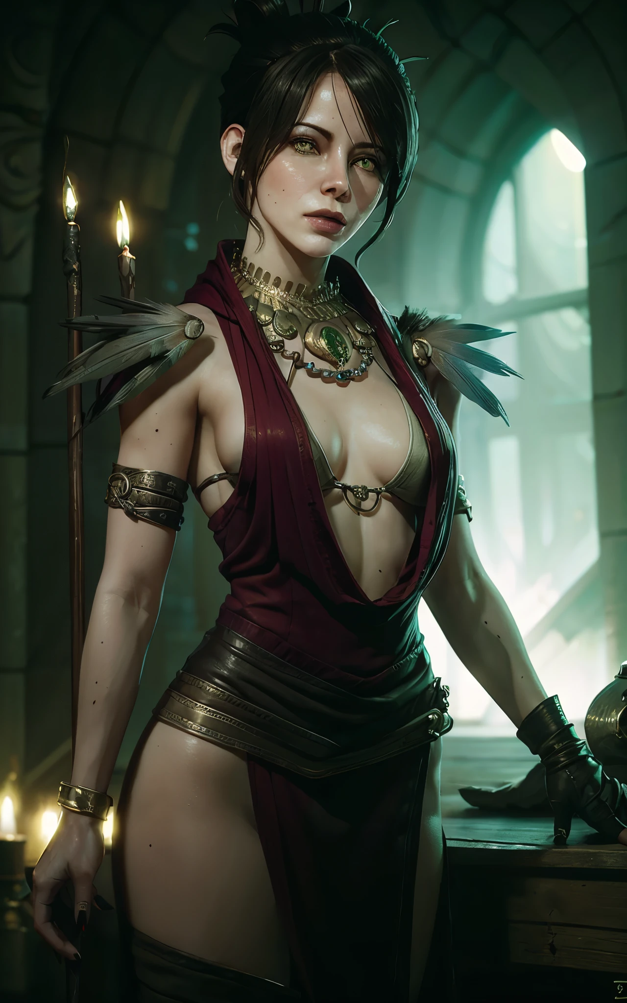 (masterpiece, best quality) realistic version of
MorriganDA,  face of (Kate Beckinsale:Evangeline Lilly) 1girl, solo,, looking at viewer, short hair, black hair, gloves, jewelry, yellow eyes, small breasts, fingerless gloves, necklace, hair bun, nail polish, bracelet, lips, fingernails, makeup, glowing, single hair bun, feathers, lipstick, staff, pale skin, black nails, armlet, long fingernails, realistic, nose, magic
