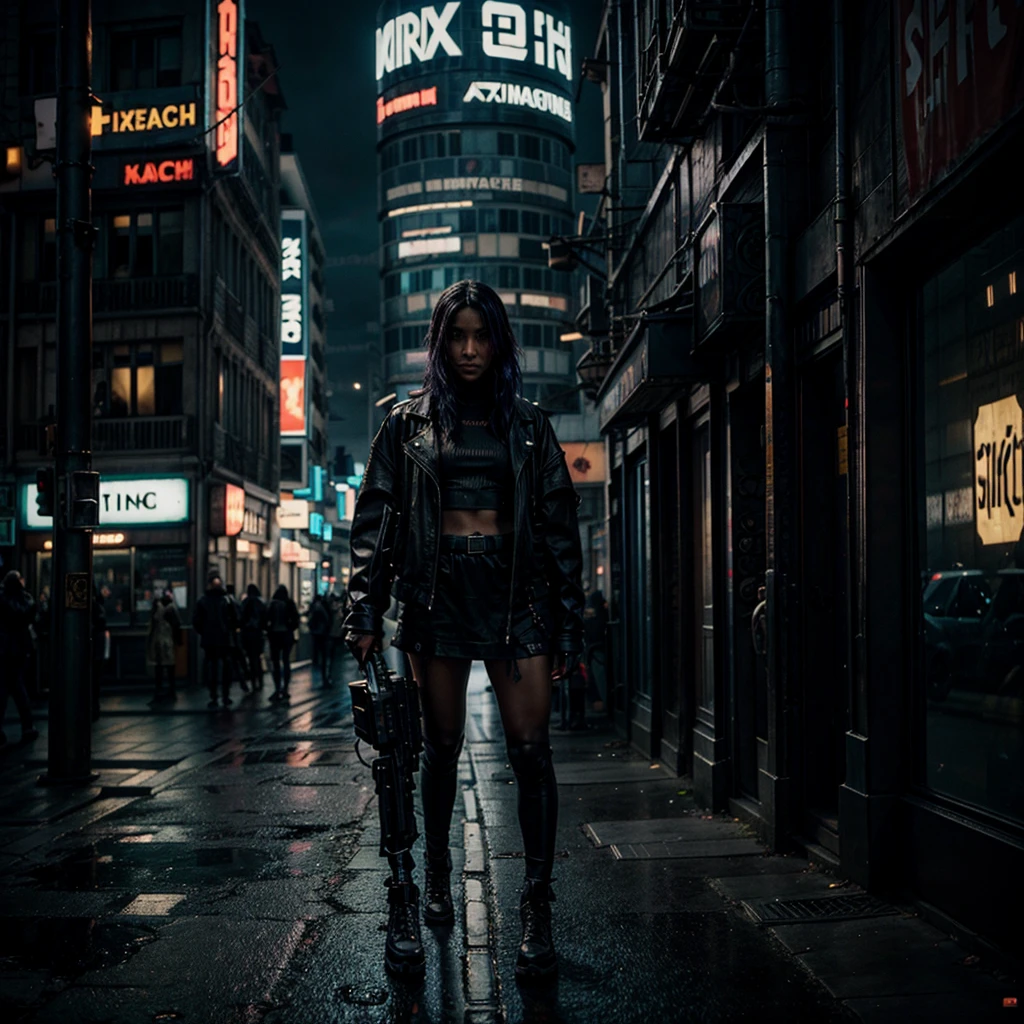 femme aux cheveux noires marchant dans une rue la nuit, dans la ville cyberpunk, dans une ville cyberpunk futuriste, ambiance cyberpunk, dans une ville cyberpunk, dans une ville cyberpunk, dans une ville cyberpunk, ambiance cyberpunks, devant un paysage urbain de science-fiction, photo cyberpunk, ville néon en arrière-plan, Esthétique Cyberpunk, in Esthétique Cyberpunk, cyberpunk dans une ville cyberpunk, grAtte ciel
