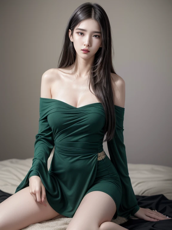 high quality, Long straight hair, (A 25-year-old slender and tall beauty:1.3),  full-body shot:1.7, (frown:1.3) (Pained expressions:1.0) (Sweating all over:0.4)(Dark green off-shoulder, waist and leg-revealing clothing:1.3) Sexy pose:1.6 (Bust 32D:1.3)  (feel pain:1.0)  (Painful enough to close eyes:1.0) Kneel down:1.3 Thick necklaces around the neck:1.3  (雙手露出胳肢窩Kneel down:1)