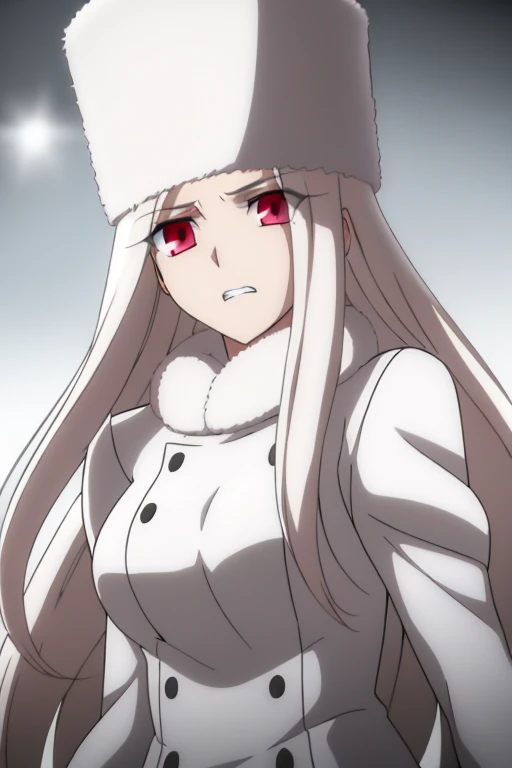 Irisviel Von Einzbern, (large breasts), oversized breasts, long hair, white hair, white fur coat, white fur hat, solo, facing the viewer, looking at the viewer, (extremely angry facial expression), (shocked eyes), clenched teeth, sweat, close-up, (simple dark background), blurry background