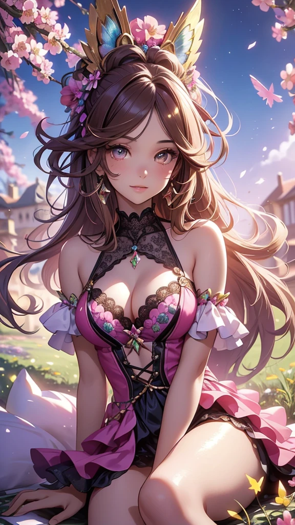 (best quality,4k,8k,highres,masterpiece:1.2),ultra-detailed,(realistic,photorealistic,photo-realistic:1.37),acrylic painting,beautiful Brazilian model in a ta dress with downy hair,beautiful Brazilian model with extremely colorful brown hair and detailed facial features,beautiful Brazilian model standing in a beautiful garden surrounded by a starry sky,brown hair,beautiful Brazilian model wearing a vibrant pink and teal Loliress,beautiful Brazilian model with intricate accessories,cat ears,beautiful Brazilian model posing gracefully with her hands on her hips,beautiful Brazilian model with long flowing twintails,beautiful Brazilian model with bright brown eyes and rosy lips,beautiful Brazilian model with a joyful expression,beautiful Brazilian model in a dynamic pose with cherry blossoms falling around her,beautiful Brazilian model surrounded by colorful flowers and butterflies,beautiful Brazilian model's dress adorned with cute bows and lace details,beautiful Brazilian model with an enchanting smile,beautiful Brazilian model with soft, pastel-colored shading,beautiful Brazilian model with a magical glow illuminating her,beautiful Brazilian model in a picturesque setting with a winding path leading to a magnificent castle,beautiful Brazilian model with a fairytale-like background,beautiful Brazilian model with a soft, dreamy atmosphere,beautiful Brazilian model with a subtle bokeh effect,beautiful Brazilian model standing under a sunny sky,beautiful Brazilian model with a warm, golden sunset in the background,beautiful Brazilian model surrounded by twinkling stars and colorful nebulae,creating an ethereal and captivating artistic masterpiece, sitting down.