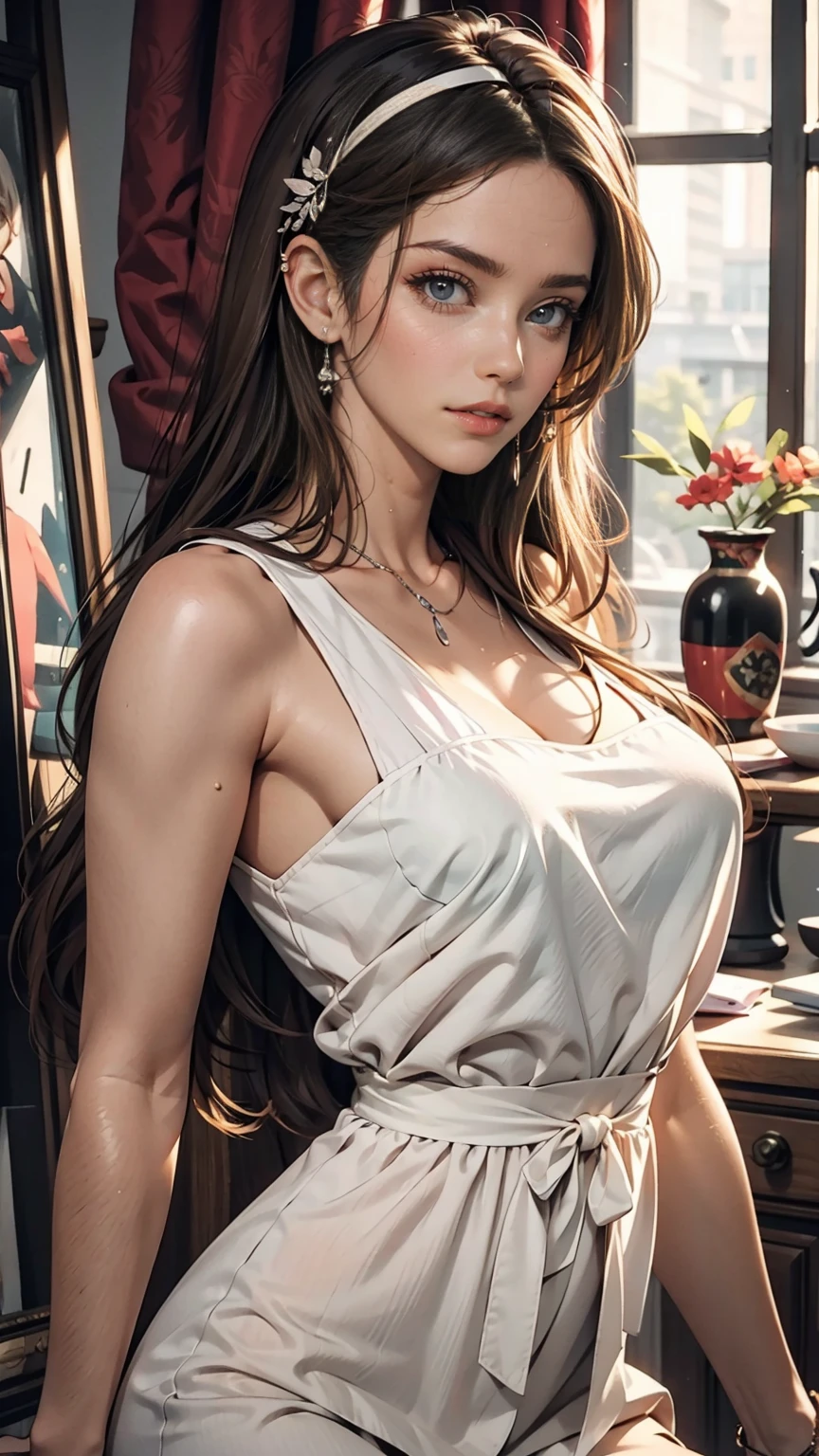 photoRealistic, Lip gloss, Painting, Realistic, Highest quality, Ultra-high resolution, depth, pastel colour, Natural Shading, Focus on the face, Face only, View your viewers, Long Hair, hair accessory, Black Hair, Brown, well-detailed eyes, dress、 24-year-old female、Sexy proportions、Sexy、Narrow waist、Silver Hair