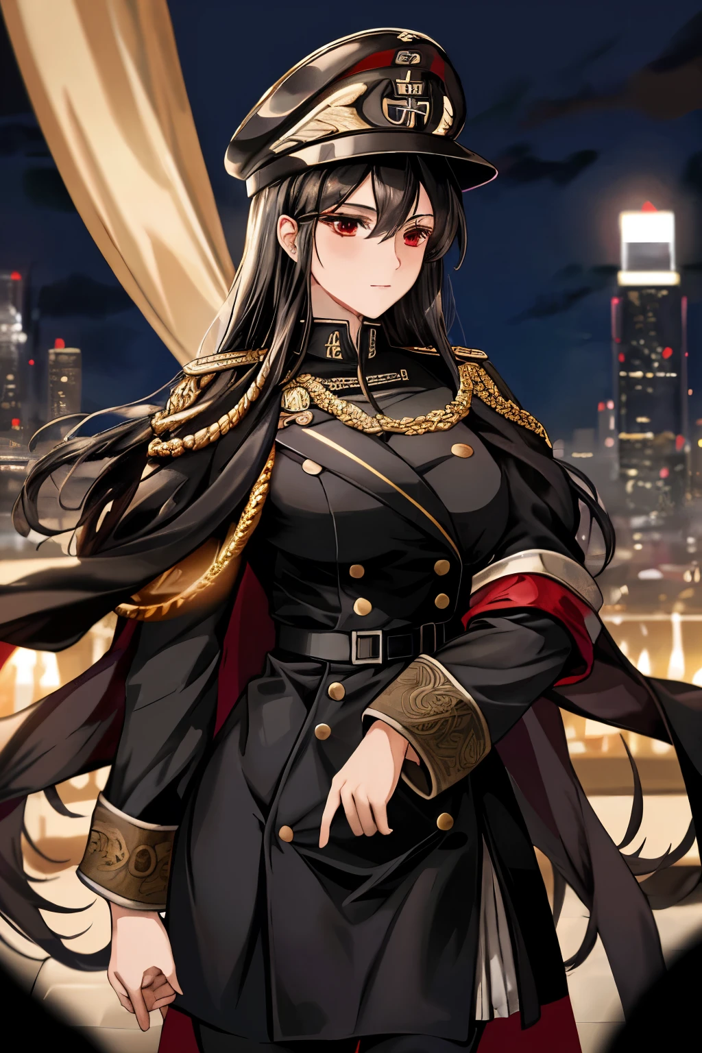 ((best quality)), ((Masterpiece)), (details:1.4), 3d, Image of a beautiful cyberpunk woman., HDR (high dynamic range), mature woman, Curtain Bangs, Black hair, Red eyes, future police, PBR surface, After processing, Anisotropic filtration,depth of field, Maximum clarity and clarity, multi-layered surface, perfect proportions, 8K raw files, cyberpunk, at night, ผมหลายชั้น, กระโปรงสั้น, natural lighting, soft lighting, sunlight, หน้าอกใหญ่, a woman wearing a black gothic style military uniform, black military hat with gold details, iron cross symbol on the military hat,
