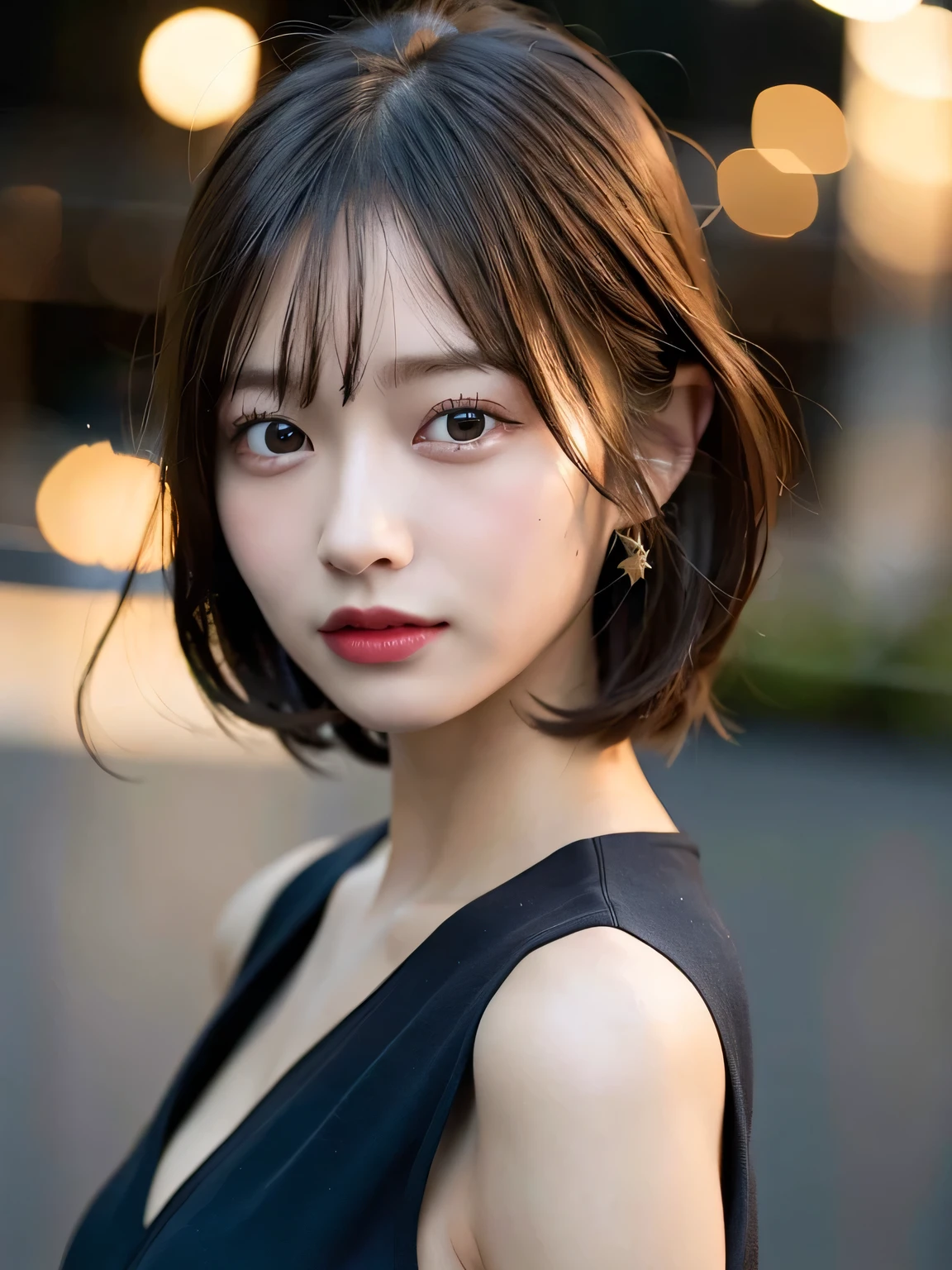 (8k, RAW photo, best quality, masterpiece, Hmph:1.2), (realistic, photo-realistic:1.4), (extremely detailed 8k wallpaper), Fantasy art, Professional lighting, Blurred Background, (Front Focus), (dark:1.6), (from behind, long shot:1.2), solo girl, Highly detailed face, (Slim figure:1.2), (Lips), double eyelid, Glowing Skin, Realistic Layer, Beautiful face, (Smile:1.3), (short hair:1.4), Arched back, Midnight Cityscape, Midnight sky, Shinjuku, Dark green casual dress