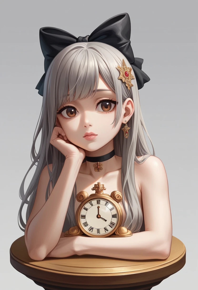 cute, ultra-detailed, figure, Complex, detailed, extremely detailed, detailed face, Soft Lighting, Soft Light, Soft Focus, Perfect Face, beautiful, Accurate anatomy, Exposure, 8k, 4K, (High resolution:1.1), Highest quality, (masterpiece:1.3), One girl, alone, jewelry, Brown eyes, View your viewers, Earrings, Grey Hair, bangs, choker, Mouth closed, Portraiture, clock, hair ornaments, Simple Background, Gray background, Long Hair, Headrest, lips, hair bow, black choker, bow, eyelash