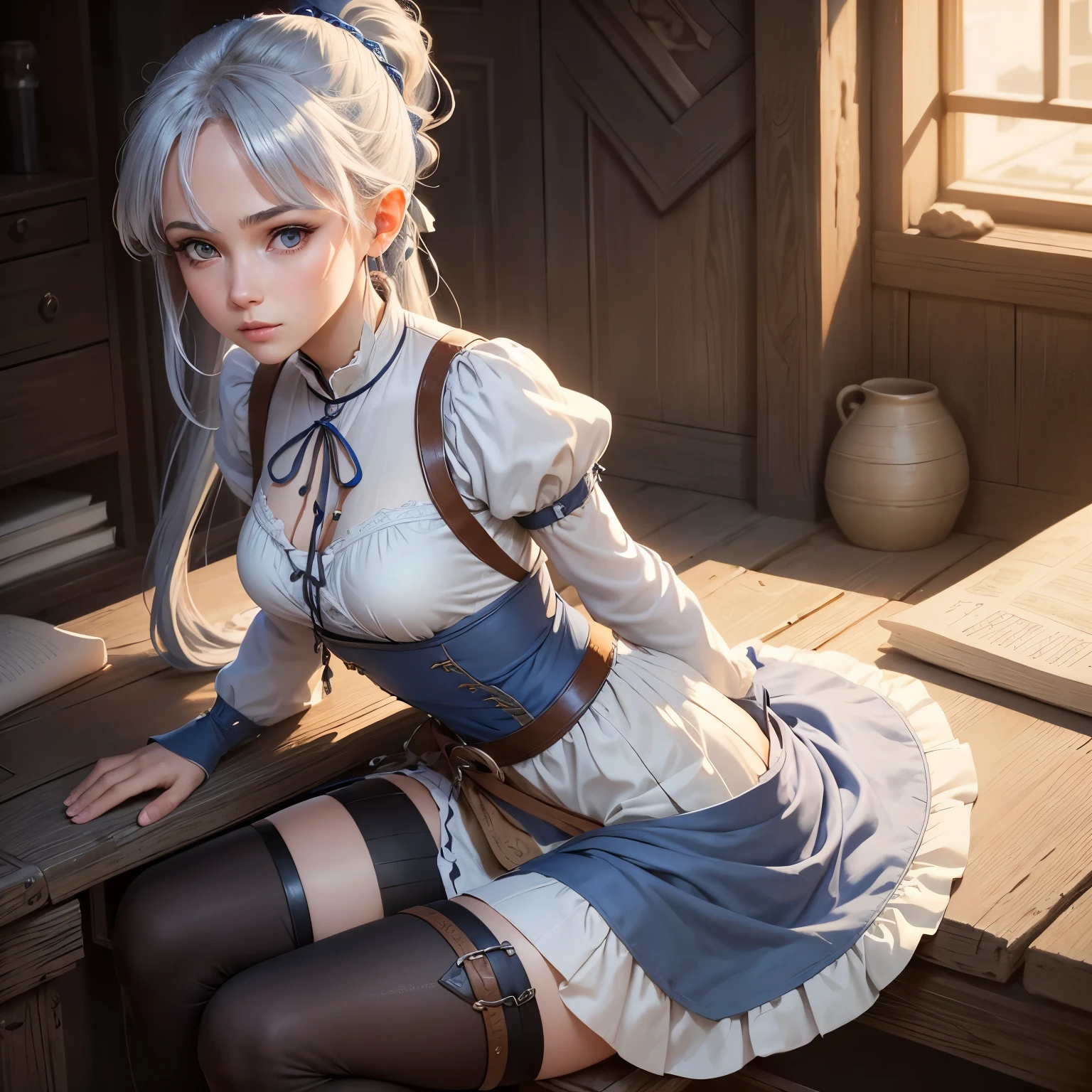 Double ponytail girl wearing white silk stockings，Blue-white hair，A bow is tied on his head