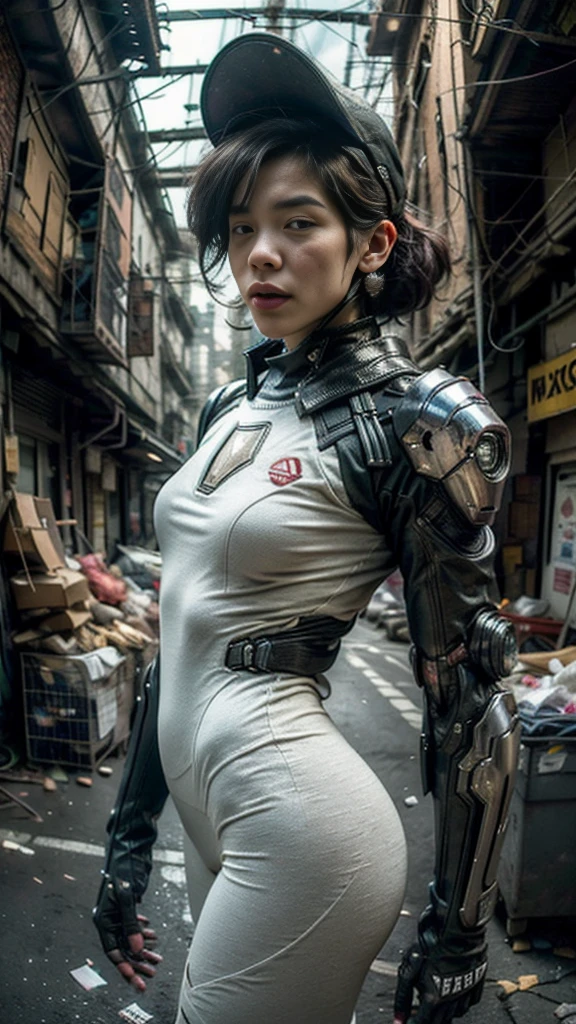 ((best quality)), ((masterpiece)), ((realistic)), (detailed), (photo-realistic:1.5), futuristic girl, (thick body), (white bodysuit), lights on armor, cybernetic headwear, looking at viewer, dynamic pose, post-apocalyptic, destroyed city background, buildings on fire, sci-fi, high resolution, ray tracing, super resolution, subsurface scattering, PBR texturing, post processing, anisotropic filtering, depth of field, best sharpness and clarity, rule of thirds, 8K RAW, (luminous particles:1.4), (extremely detailed cg, unity 8k wallpaper, 3d, cinematic lighting, lens flare), reflection, sharp focus, cyberpunk art, cyberpunk architecture, moisturized skin, realistic body, (), (girl), earrings, (cute face), vivid colors, bokeh, stimulating atmosphere, unique encounters, playful interactions, lively crowds, wind blowing, fantastic, dynamic, (fisheye lens), neon, cyberpunk movie, cyberpunk city, fight, war, lightning,