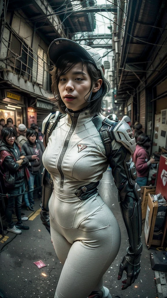 ((best quality)), ((masterpiece)), ((realistic)), (detailed), (photo-realistic:1.5), futuristic girl, (thick body), (white bodysuit), lights on armor, cybernetic headwear, looking at viewer, dynamic pose, post-apocalyptic, destroyed city background, buildings on fire, sci-fi, high resolution, ray tracing, super resolution, subsurface scattering, PBR texturing, post processing, anisotropic filtering, depth of field, best sharpness and clarity, rule of thirds, 8K RAW, (luminous particles:1.4), (extremely detailed cg, unity 8k wallpaper, 3d, cinematic lighting, lens flare), reflection, sharp focus, cyberpunk art, cyberpunk architecture, moisturized skin, realistic body, (), (girl), earrings, (cute face), vivid colors, bokeh, stimulating atmosphere, unique encounters, playful interactions, lively crowds, wind blowing, fantastic, dynamic, (fisheye lens), neon, cyberpunk movie, cyberpunk city, fight, war, lightning,