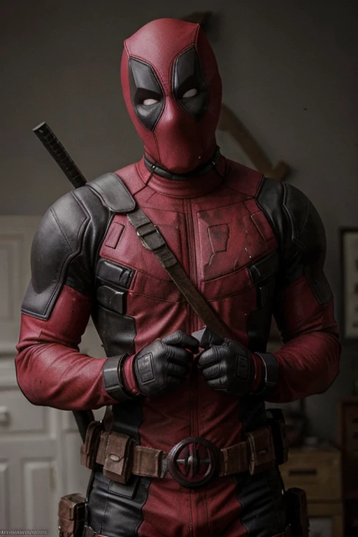 Deadpool,photography,trending on artstation,wearing mask,studio photo,intricate details,sharp focus,by greg rutkowski,highly detailed,white eyes,holding gun,